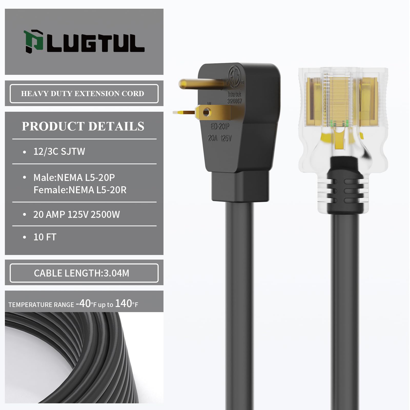 Plugtul 20Amp Extension Cord 10Ft, Nema 5 20 Heavy Duty Extension Cord, Lighted End, 12Gauge, Sjtw, 20Amp 125V 2500W, Black