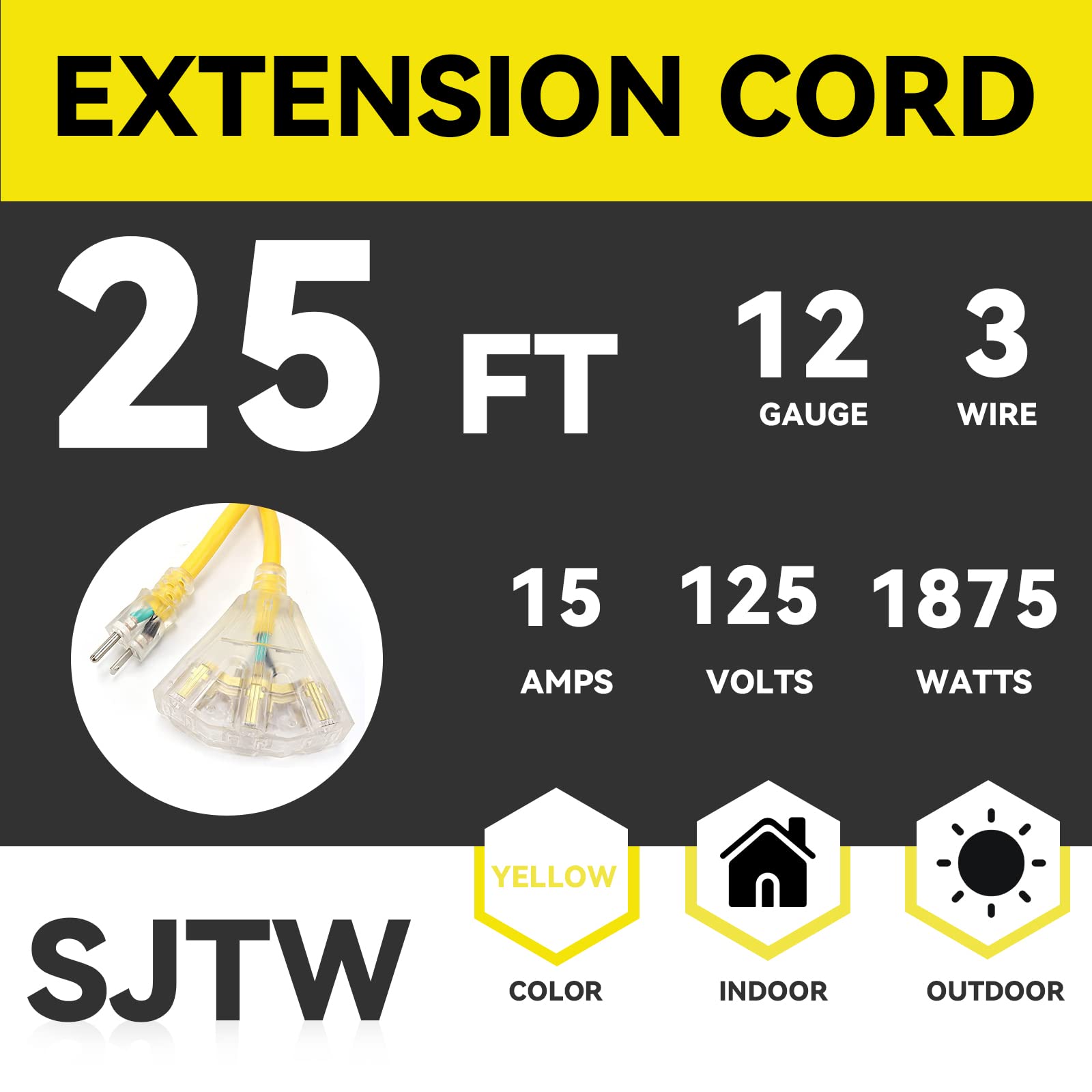 Ep 2 Pack 25 Ft Lighted Outdoor Extension Cord With 3 Electrical Power Outlets   12/3 Sjtw Heavy Duty Yellow Extension Cable Wit