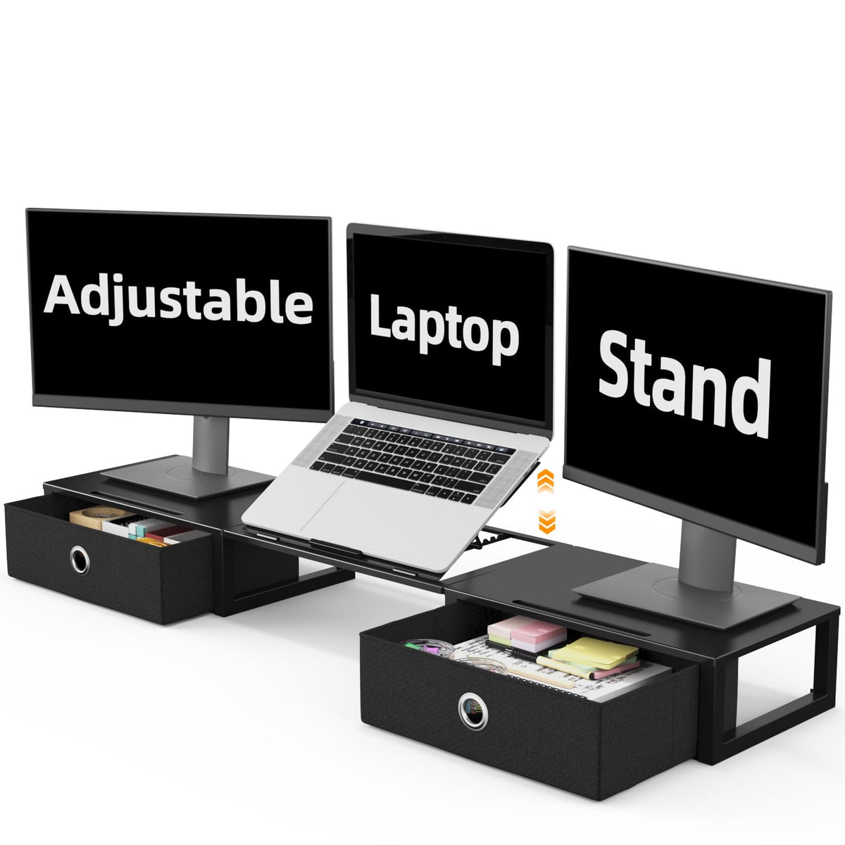 Westree Monitor Stand Riser With Adjustable Laptop Stand Riser, Steel Frame Dual Monitor Stand With Two Drawers For 2 Monitors, 