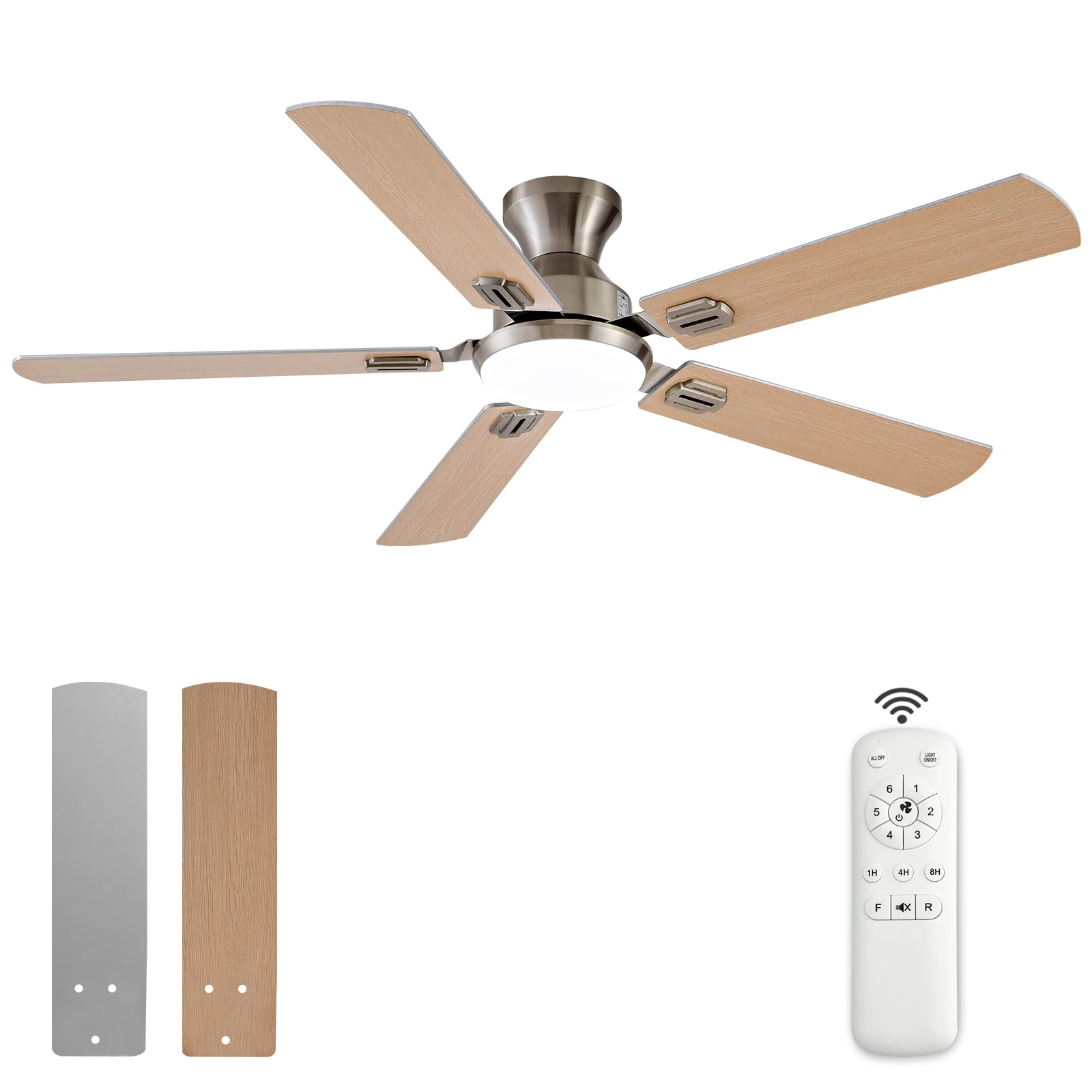 KENSID 52 Inch Brushed Nickel Ceiling Fans with Lights and Remote,Low Profile Flush Mount Modern Ceiling Fan with Light,5 Blades