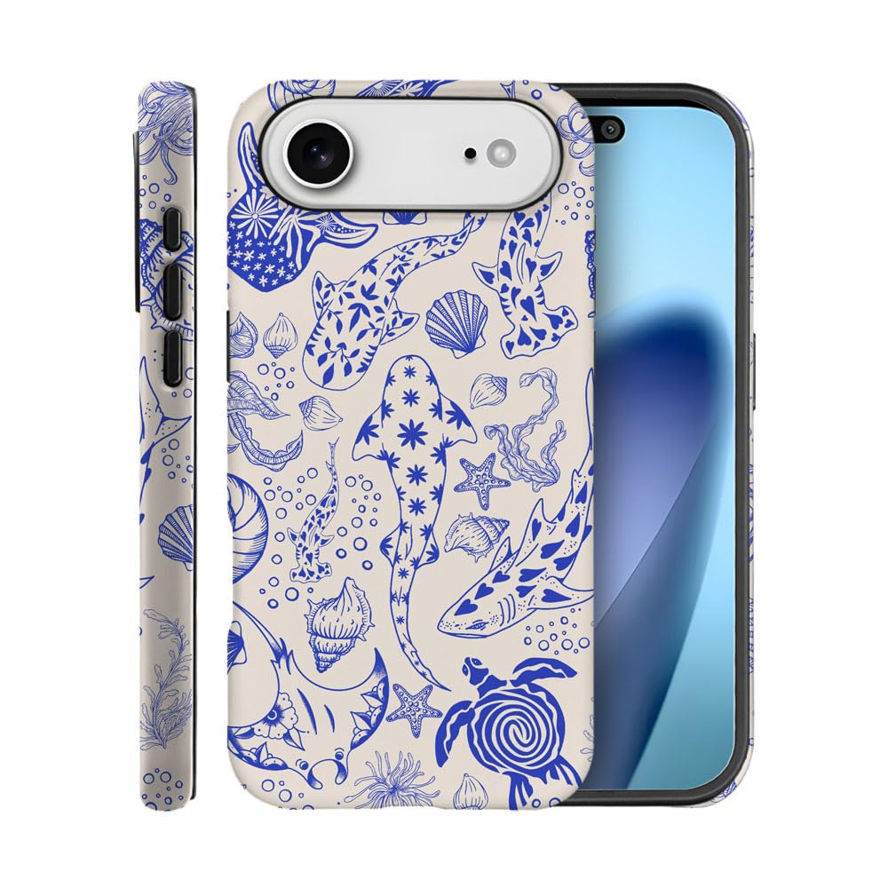 Case for iPhone 17 Air,Fits Frosted Case Design for Girl Women,Sharks Turtles Shells Seaweed Blue
