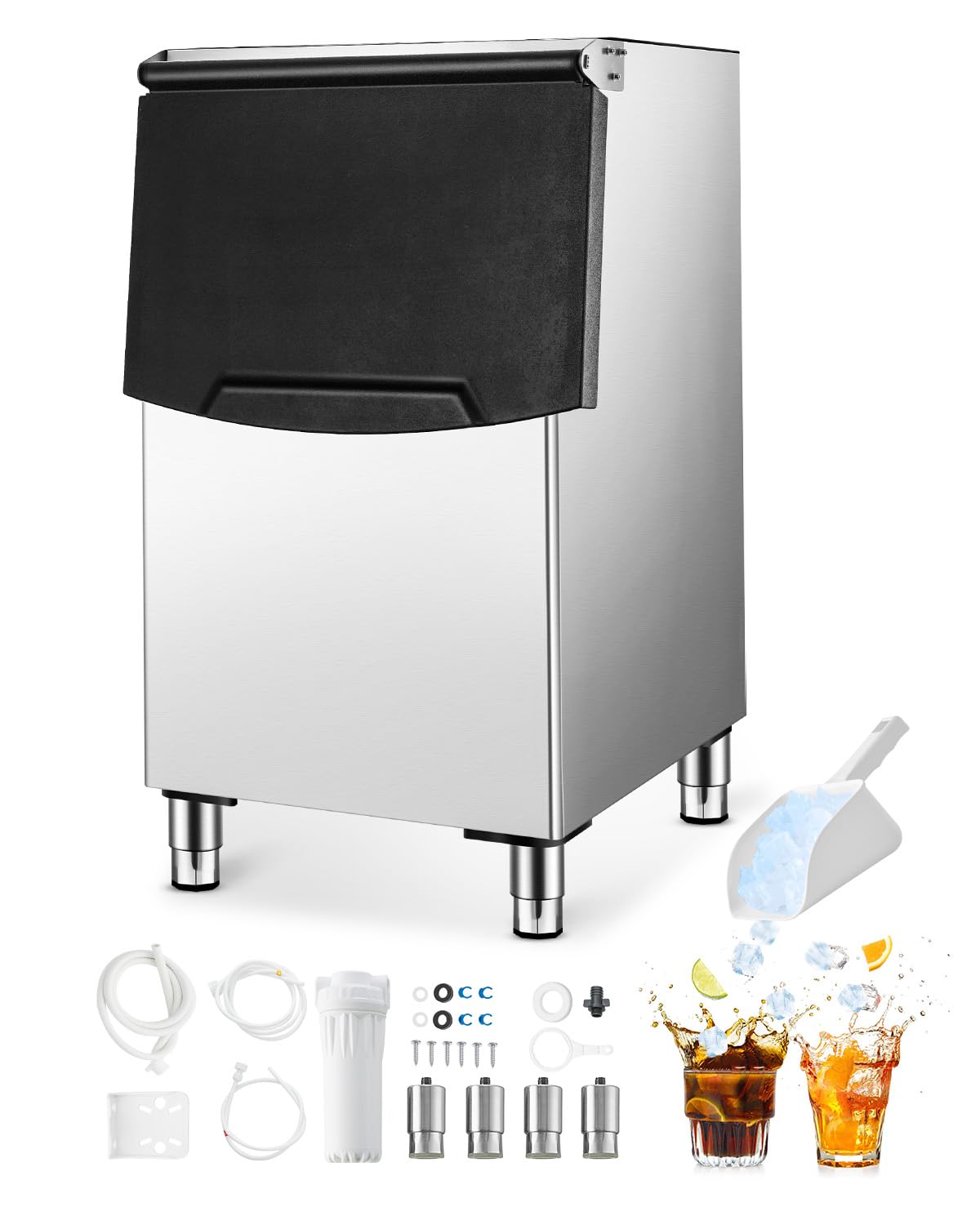 VEVOR Commercial Ice Maker Storage Bin, 250LBS Capacity Ice Bin, Stainless Steel Ice Storage Bin with Single-Stage Filter and Ad