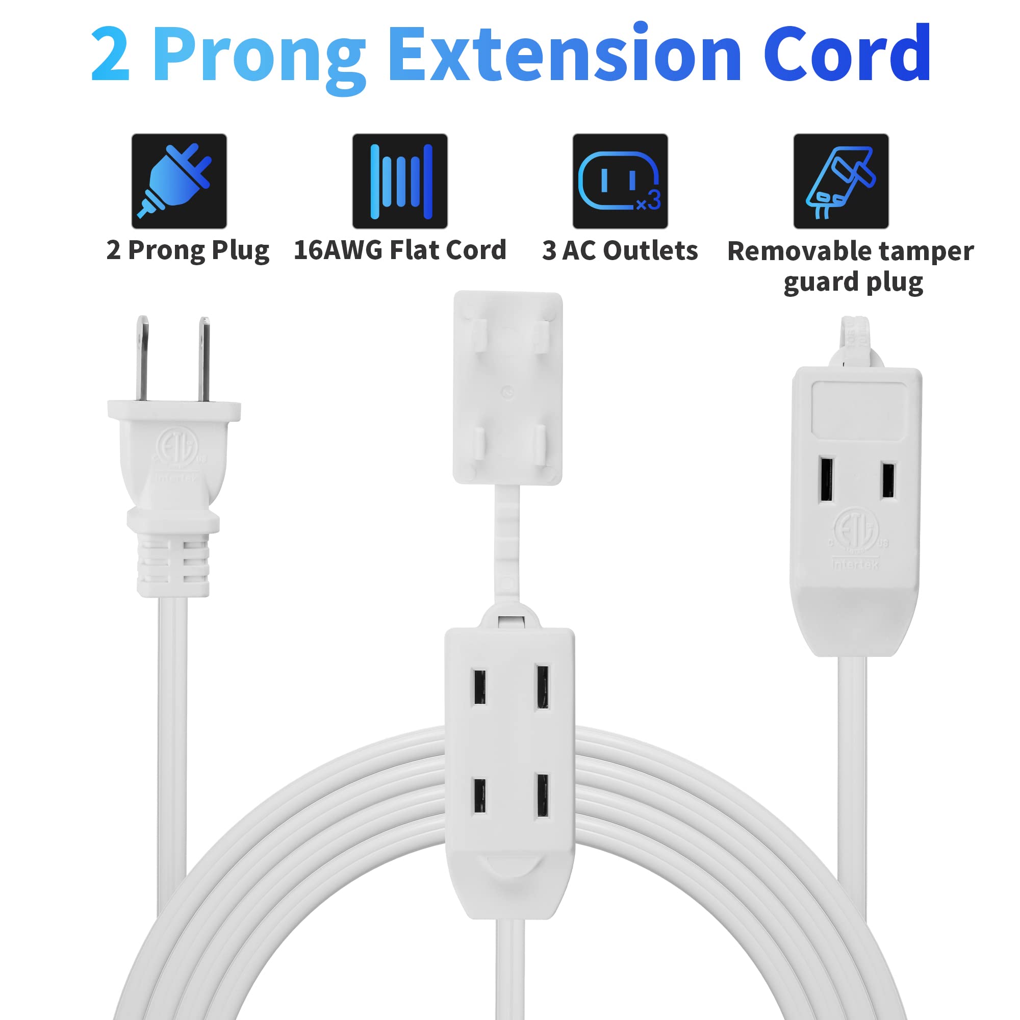 2 Prong Extension Cable 10 Ft, Extra Long Power Cord With 3 Outlets, Flat Multiple Outlet Cable With Tamper Guard, Etl Listed, O