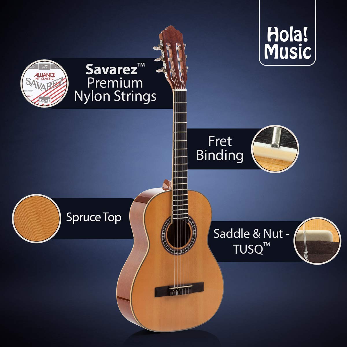 Hola! Music Classical Guitar, Half Size 34" Model HG-34GLS, Natural Gloss Finish, Includes Free Padded Gig Bag, Kids 1/2 Size