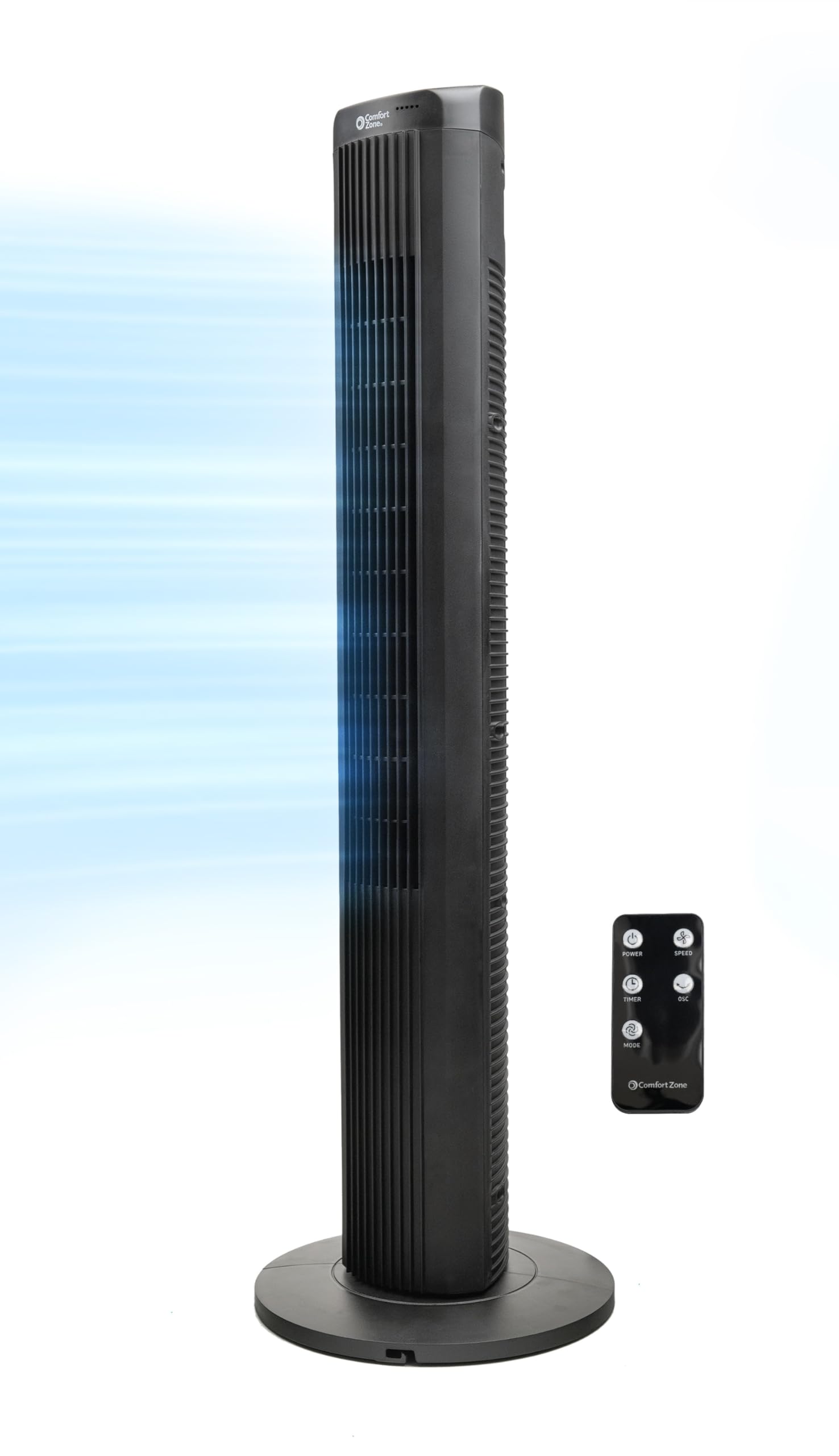 Comfort Zone Tower Fan for Bedroom, 40 inch, 3 Speeds, 4 Modes, Oscillating Stand Fan with Remote, 15H Timer, Bladeless Indoor F