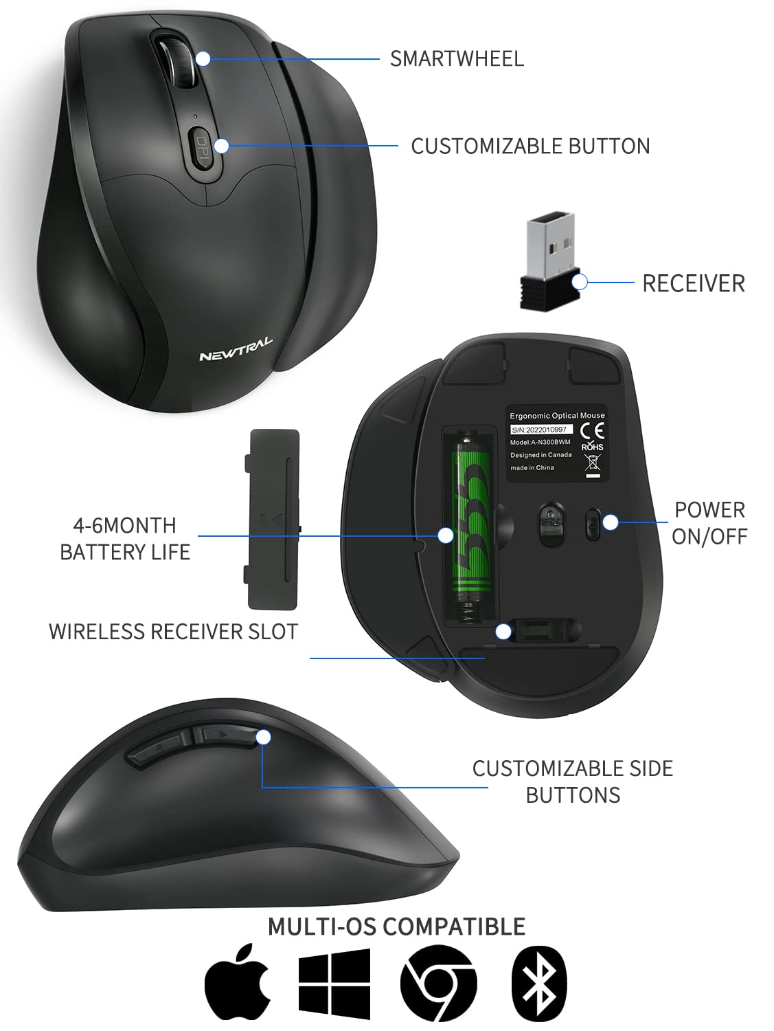 Censi Newtral Ergonomic Mouse,Vertical Wireless Mouse   2.4Ghz Optical Vertical Mice : 3 Adjustable Dpi 800/1200/1600 Levels, Fo