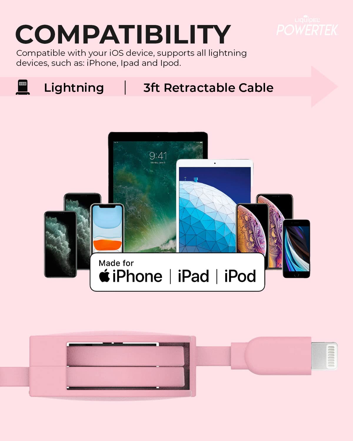 Liquipel Powertek Retractable Mfi Certified Charger Compatible For Apple Iphone, Ipad, 3Ft Cable, Lightning To Usb Cable Cord, Fast Charging Lightning Cable (Pink)
