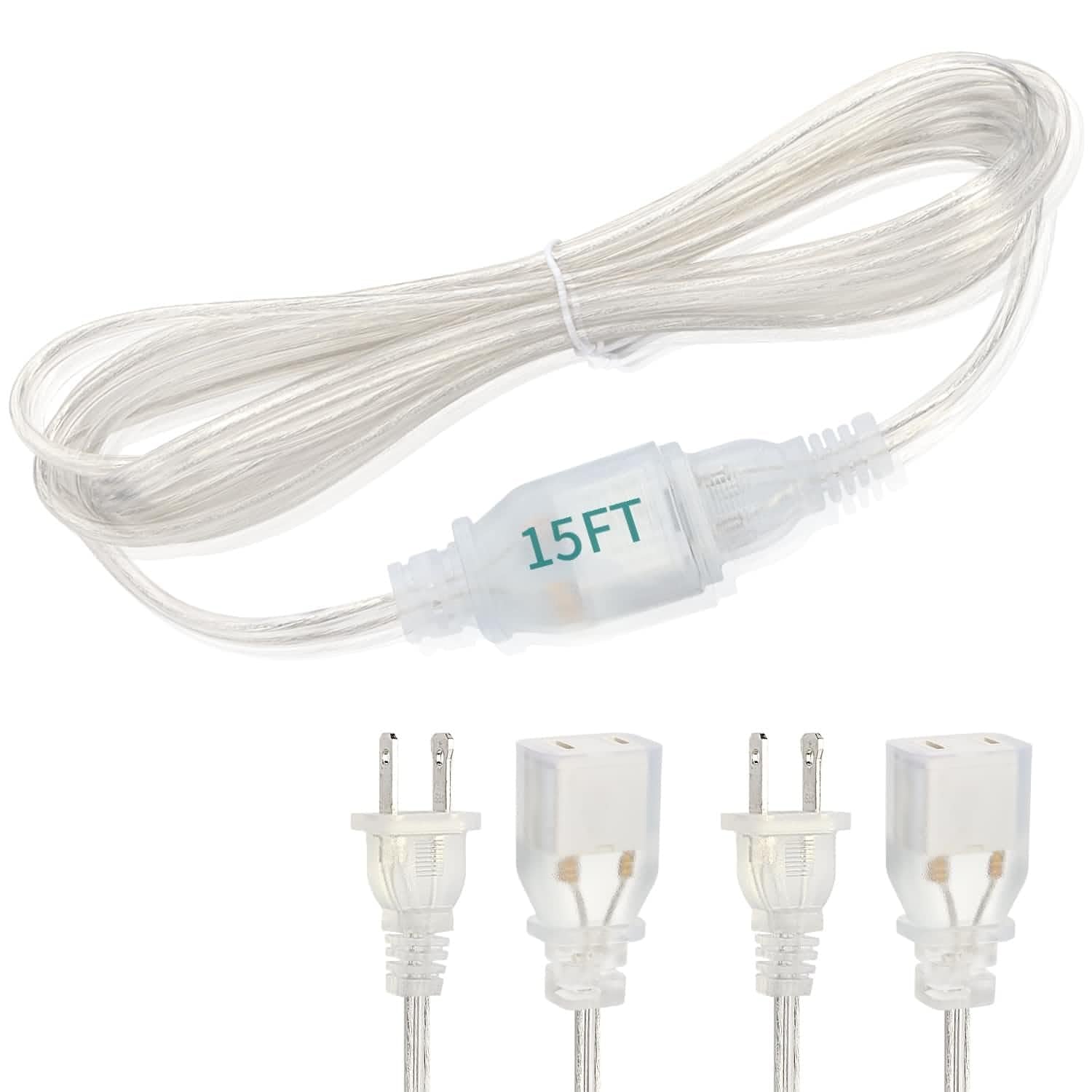 Haultop 15 Ft Clear Extension Cord Indoor Thin, 2 Pack Clear Extension Cord With Ul Certified, 2 Prong Indoor Cord Extension, Ex