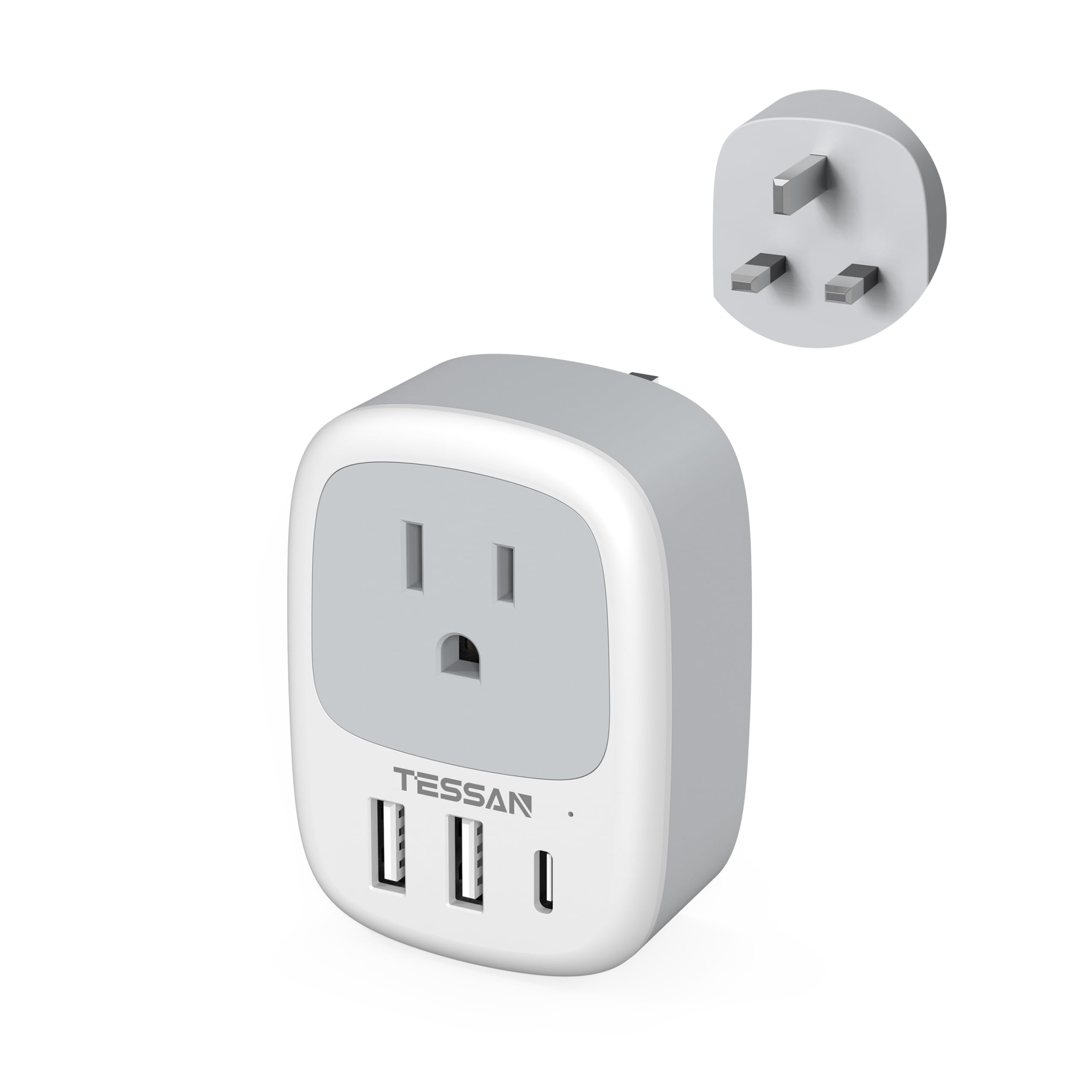 Uk Adapters For Travel, Tessan Us To Uk Plug Adapter, Ireland Outlet Plug With 3 Usb Charger (1 Usb C Port), Type G Power Adapto