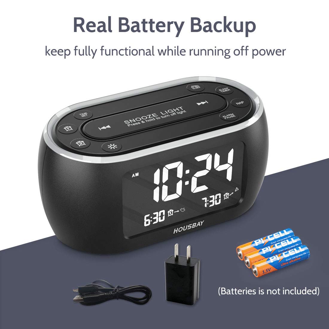 Housbay Glow Small Alarm Clock Radio For Bedrooms With 7 Color Night Light, Dual Alarm, Dimmer, Usb Charger, Battery Backup, Nap