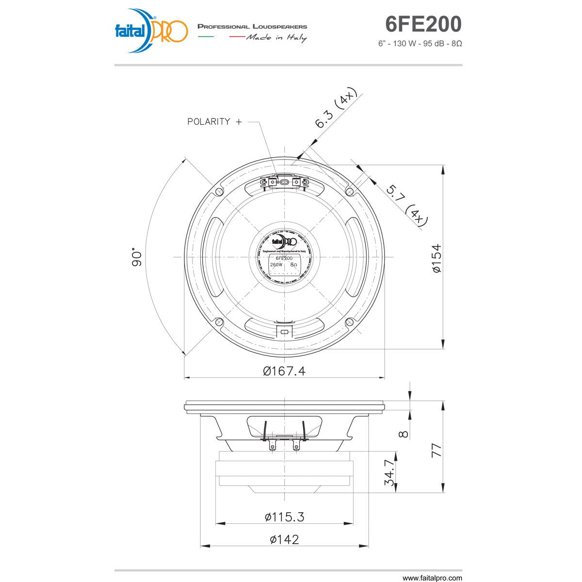 Faital Pro 6FE200 Midrange Woofer Speaker 6.5" 8 Ohm 260W Steel & Kapton