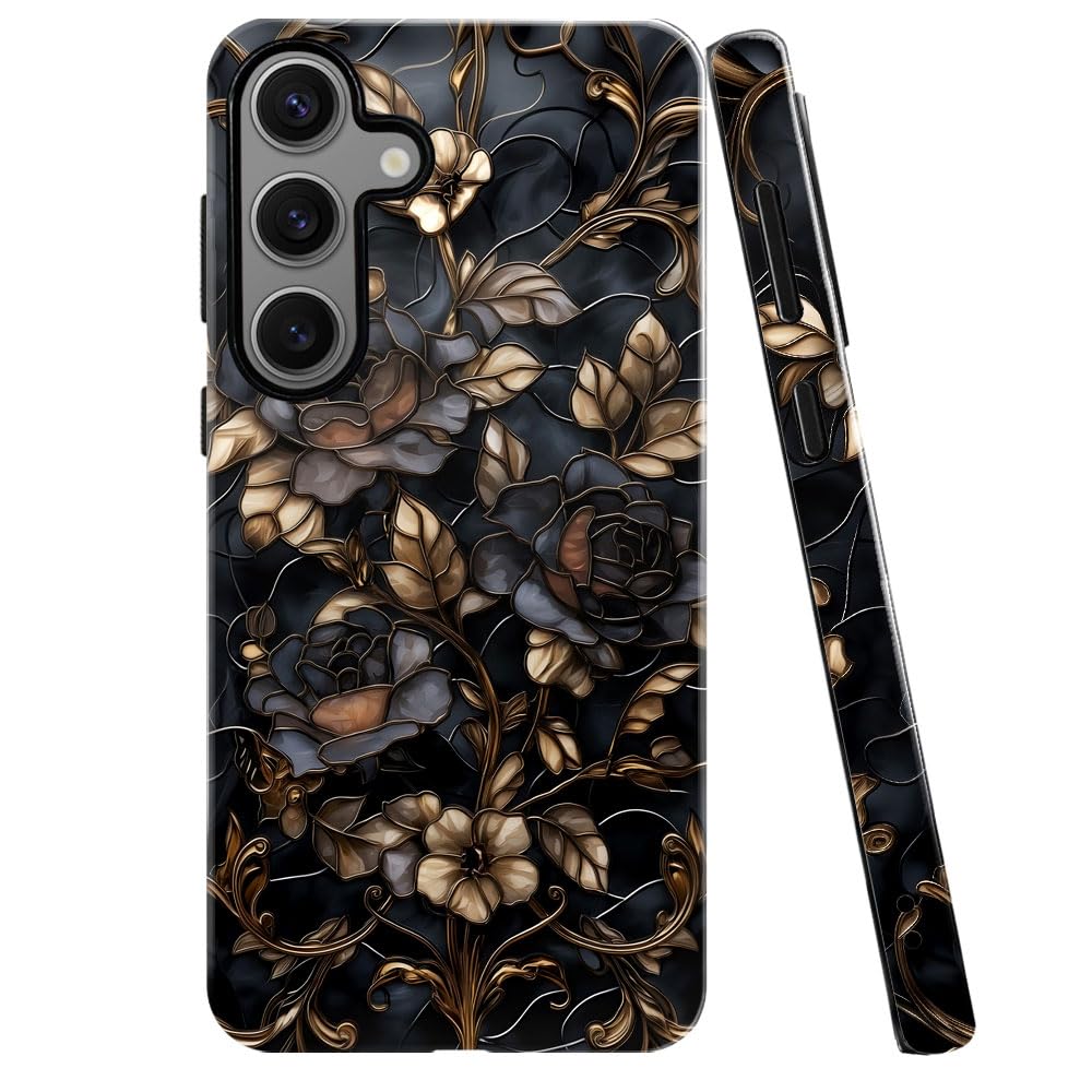 Case for Samsung Galaxy S24 FE,Stained Glass Gold Dark Academia Flower Phone Case Military-Grade Drop Protection Cover for Women