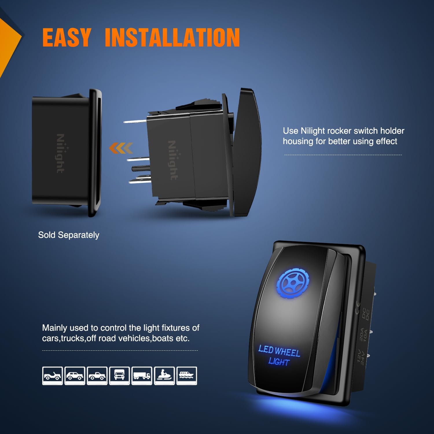 Nilight Led Wheel Light Rocker Switch Led Bar 5 Pin Laser On Off Spst Switches 20A/12V 10A/24V Blue With Jumper Wires Set For Ca