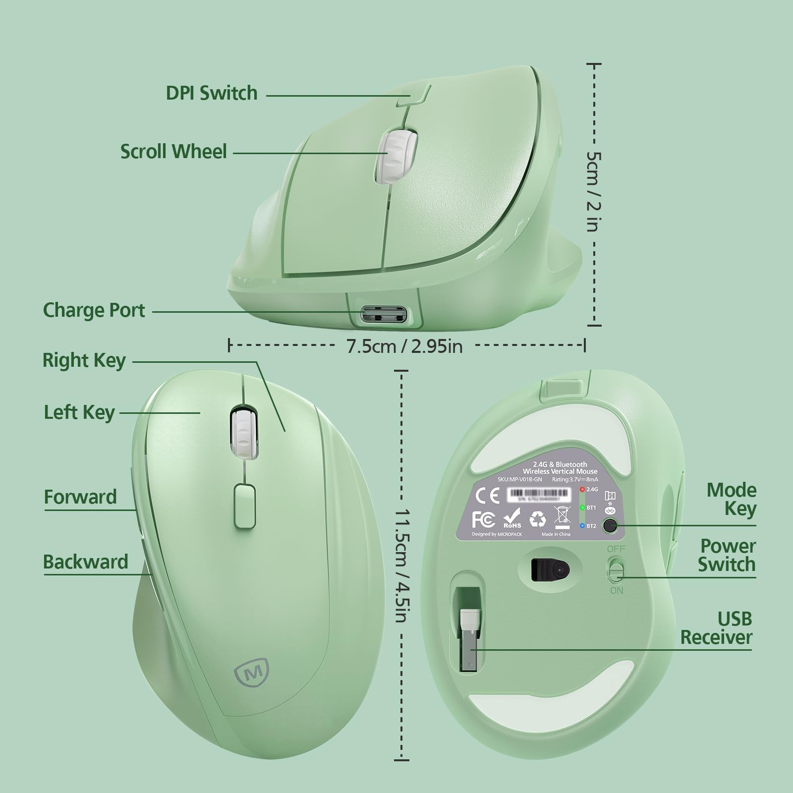 Micropack Vertical Mouse Multi Device, 3 Mode Bluetooth 5.0 & 3.0 Mouse 2.4G Wireless Mouse With Adjustable Dpi & Silent Click F