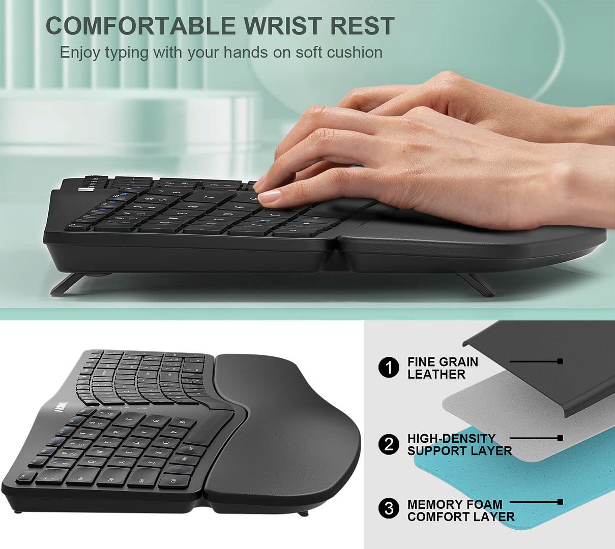 Arteck Split Ergonomic Keyboard With Cushioned Wrist And Palm Rest, 2.4G Usb Wireless Comfortable Natural Ergonomic Split Keyboa