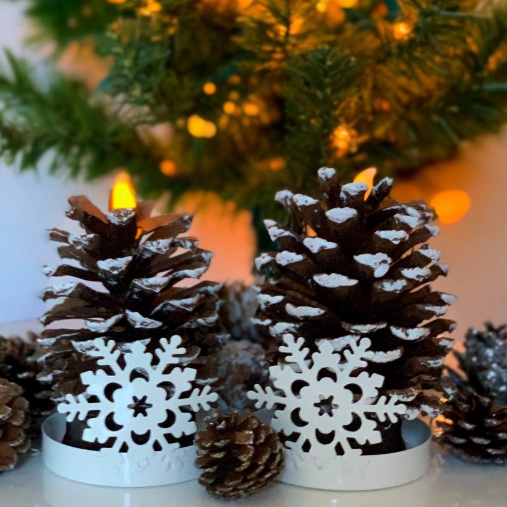 Banberry Designs Lighted Pine Cone Led   Set Of 2   Real Pine Cones With Lighted Flameless Candle Brushed With Snow And Each Is