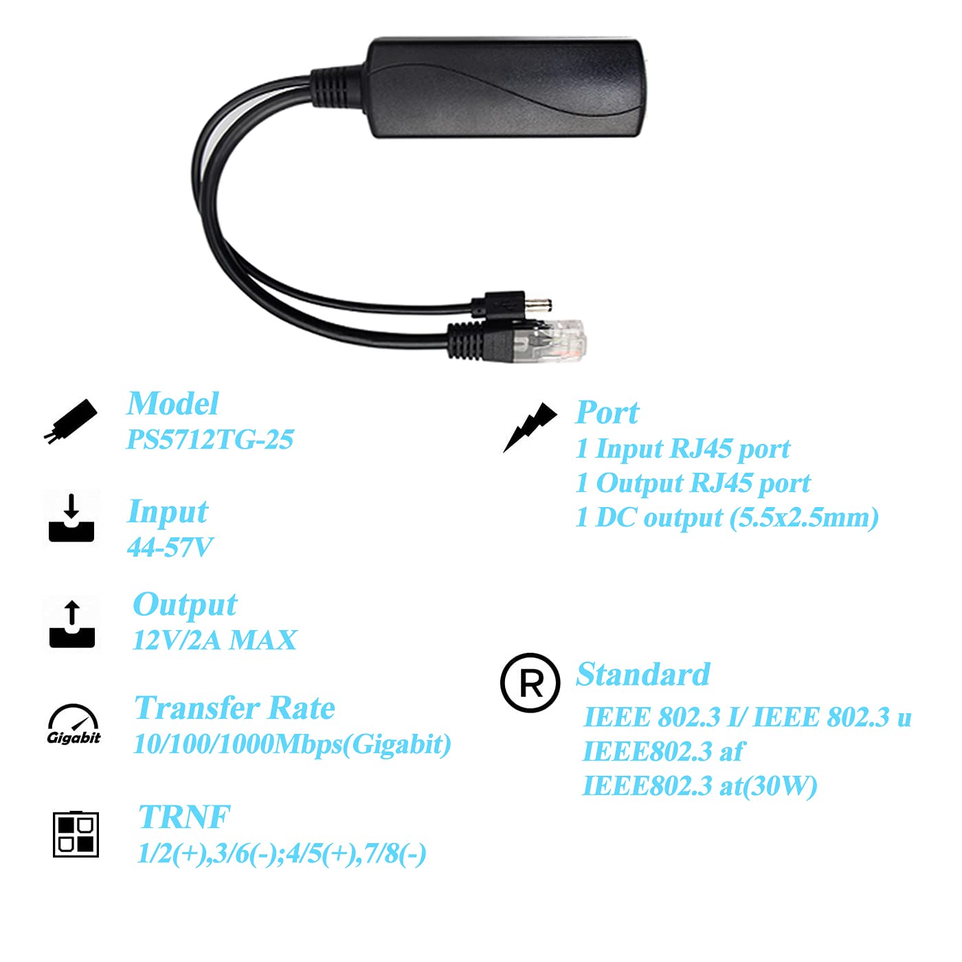 Revodata Gigabit Poe Splitter 12V/2A Dc5.5 * 2.5Mm Connector, 48V Poe To Dc 12V/2A Output, Compatible Dc 5.5 * 2.1 Mm, Ieee802.3