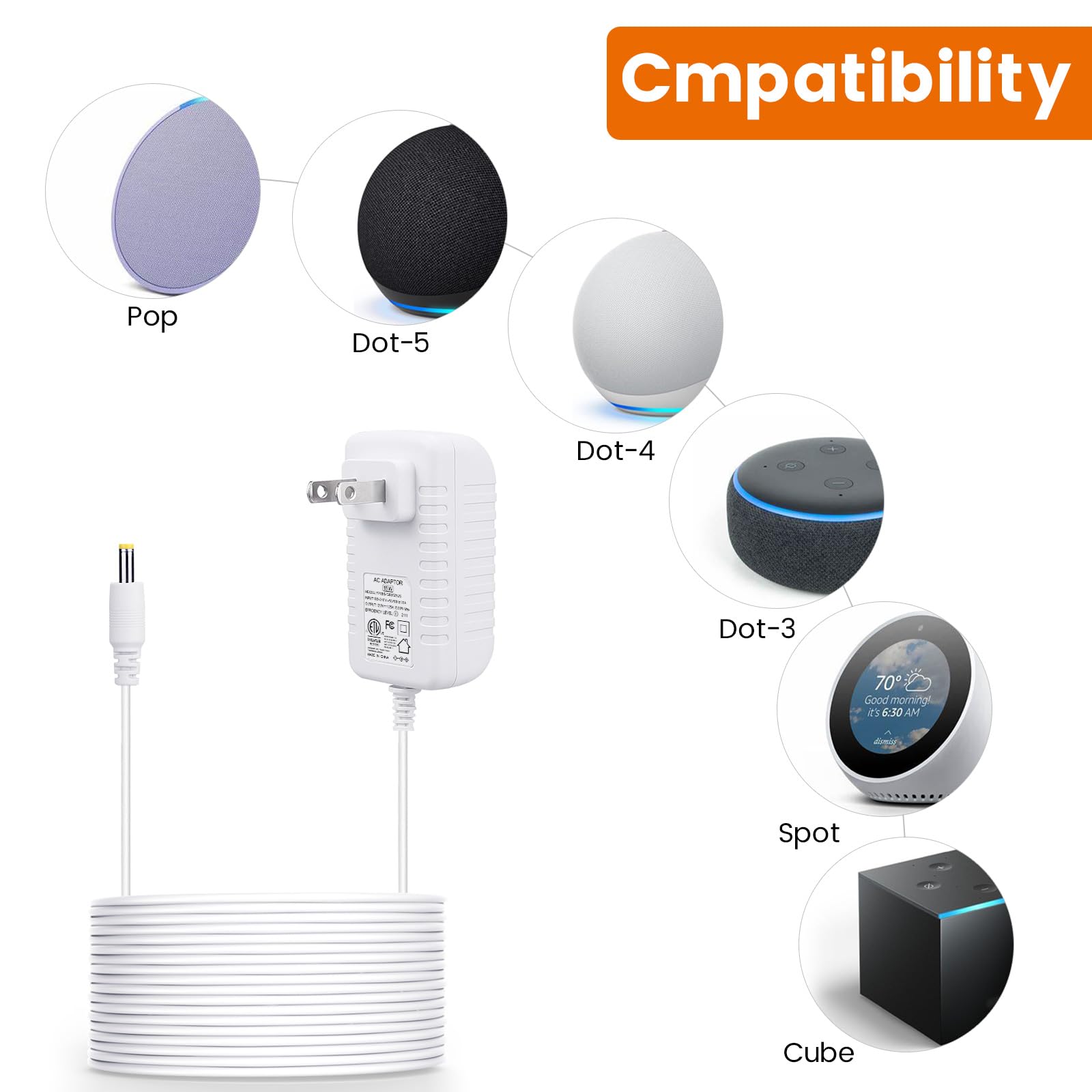 2 Pack 15W Power Cord Adapter Replacement For Alexa Dot 5Th Gen, Dot 4Th Gen, Dot 3Rd Gen, Echo Pop, Dot Kids Edition, Spot Smar