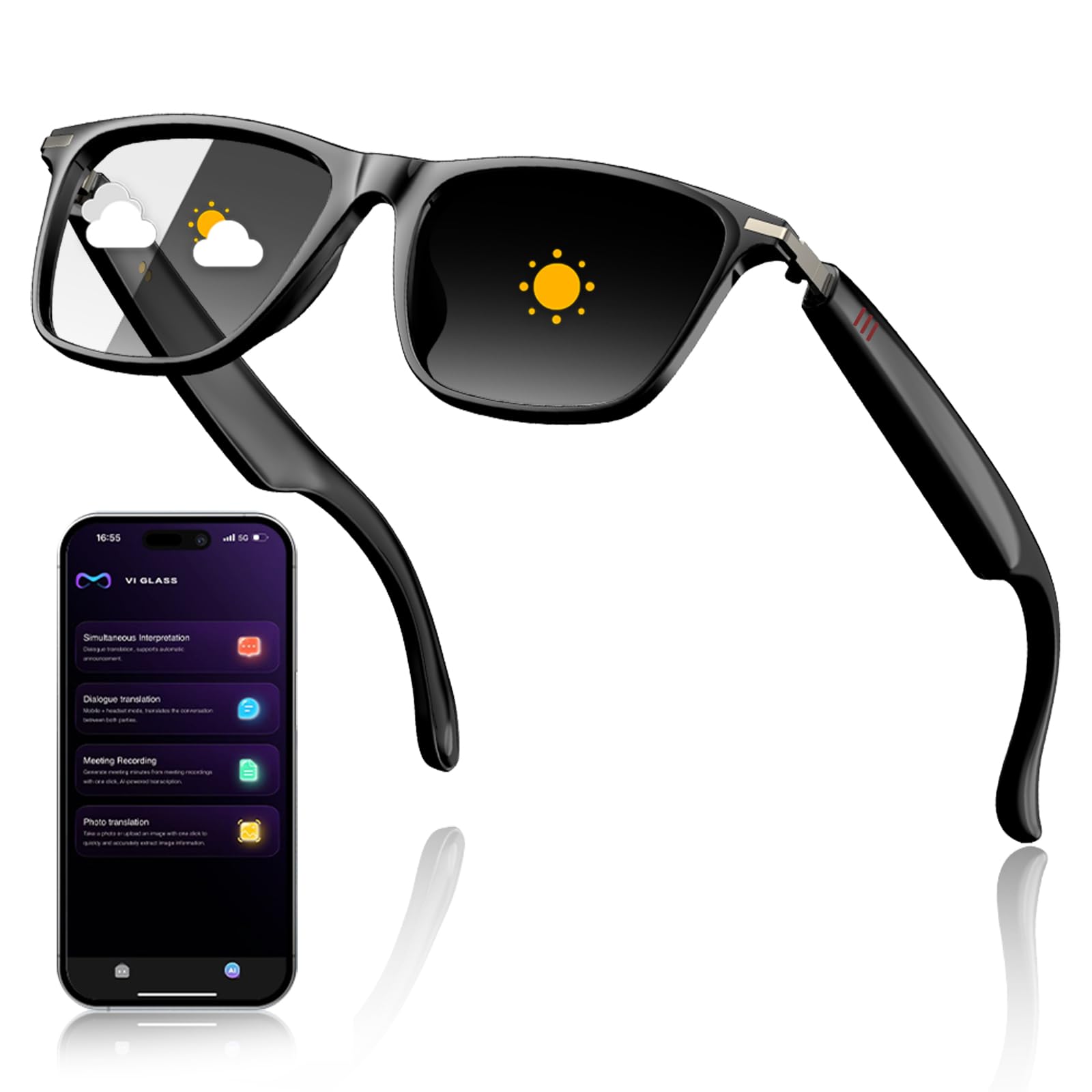 PEJE AI Smart Glasses with ChatGPT, Bluetooth Glasses for Men Women,Translation 129 Languages for ColorChanging Lenses, Music P