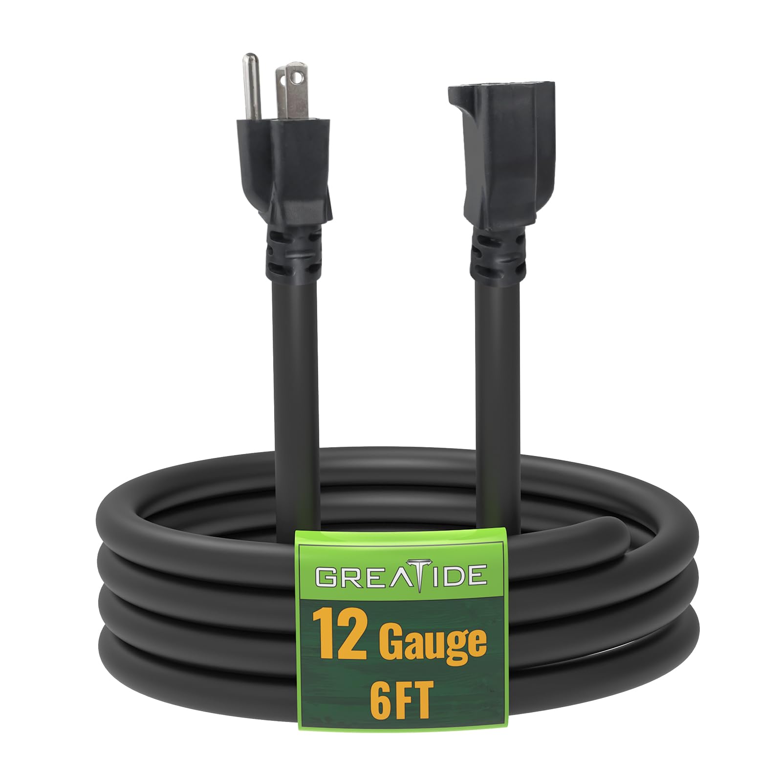 Greatide 6 Ft Outdoor Extension Cord   12/3 Sjtw Heavy Duty Black Extension Cable With 3 Prong Grounded Plug   Power Cord For La