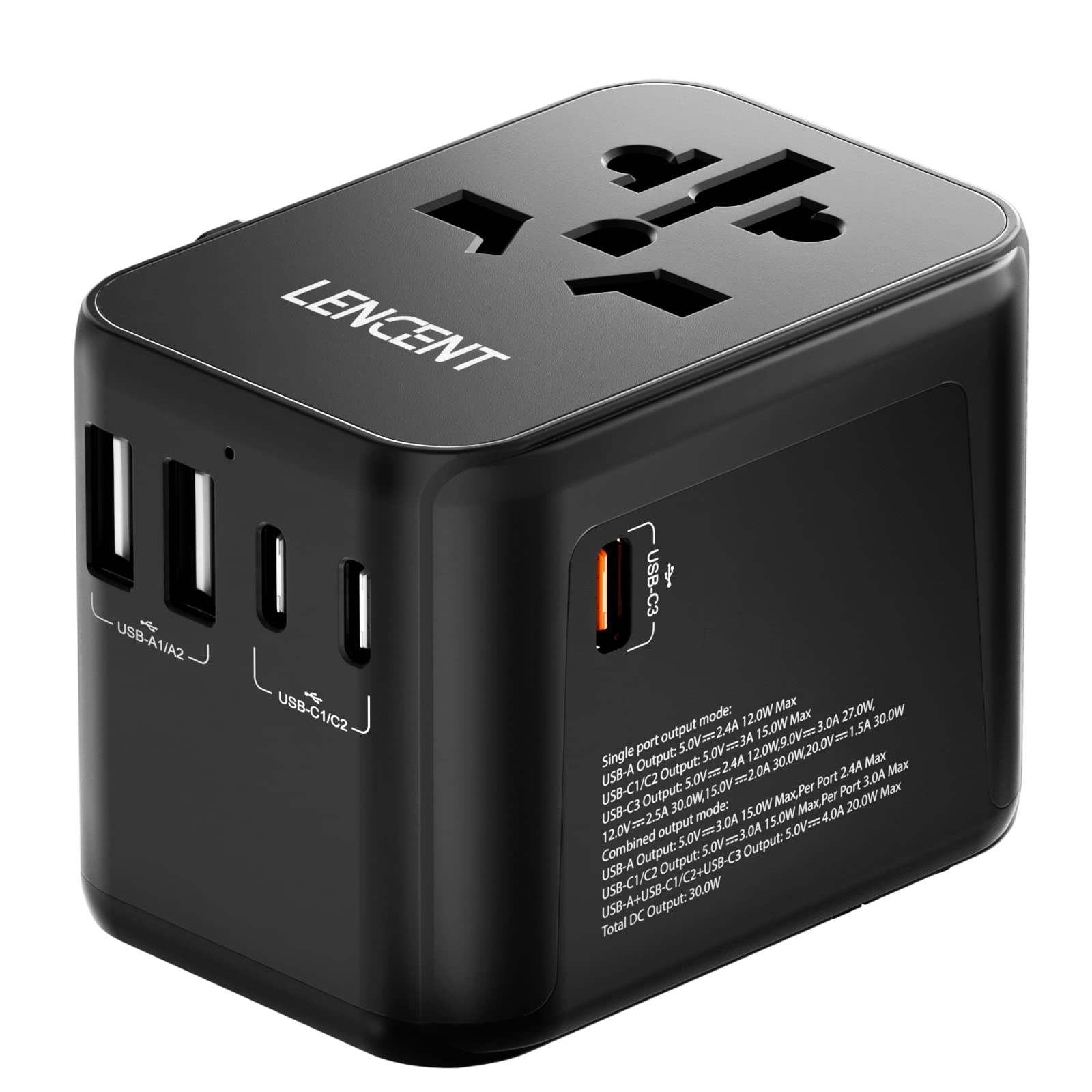 Lencent Universal Travel Adapter, Gan Iii 30W International Charger With 2 Usb Ports & 3 Usb C Pd Fast Charging Adaptor, Worldwi