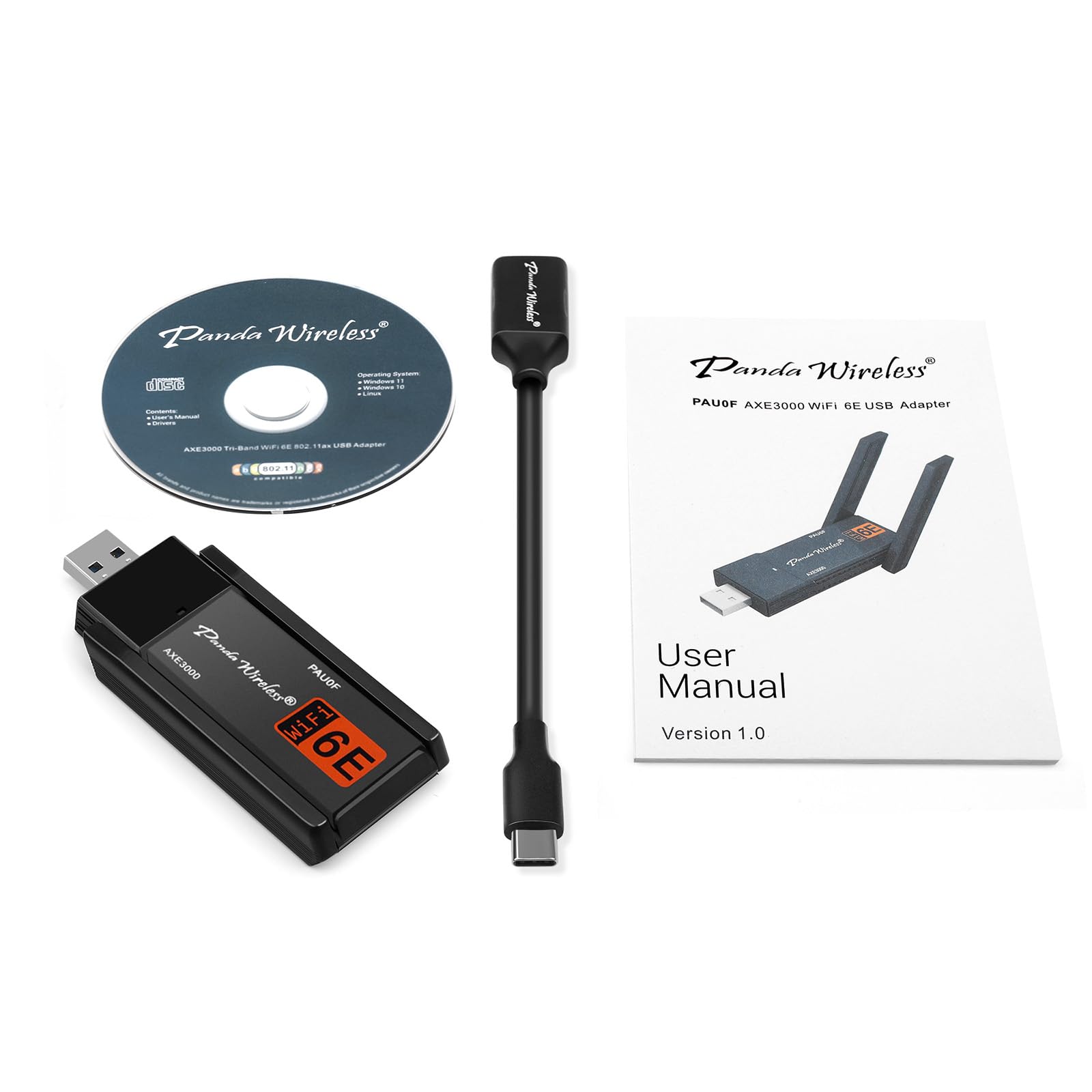 Panda Wireless AXE3000 Tri Band WiFi 6E USB 3.0 Adapter Dual 5dBi Antennas PAU0F Black