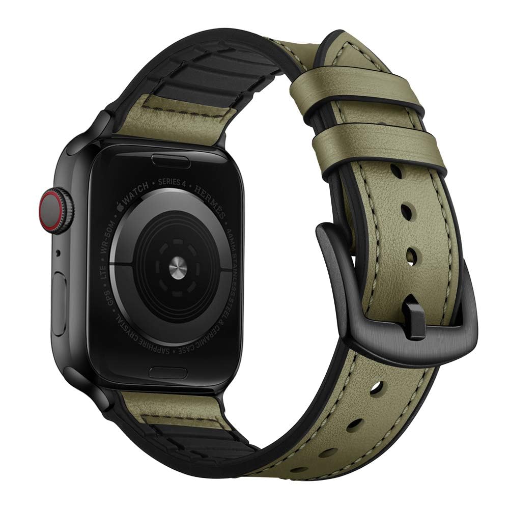 Ouheng Compatible With Apple Watch Band 41Mm 40Mm 38Mm, Sweatproof Genuine Leather And Rubber Hybrid Band Strap For Iwatch Serie