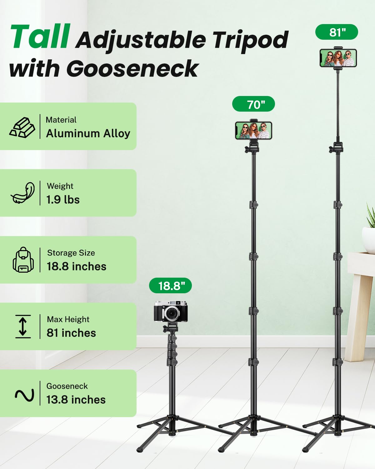 Phone Tripod, 81'' Tall Cell Phone Tripod With Remote, Gooseneck Phone Tripod Stand With Phone Holder, Adjustable Tripod For Iph