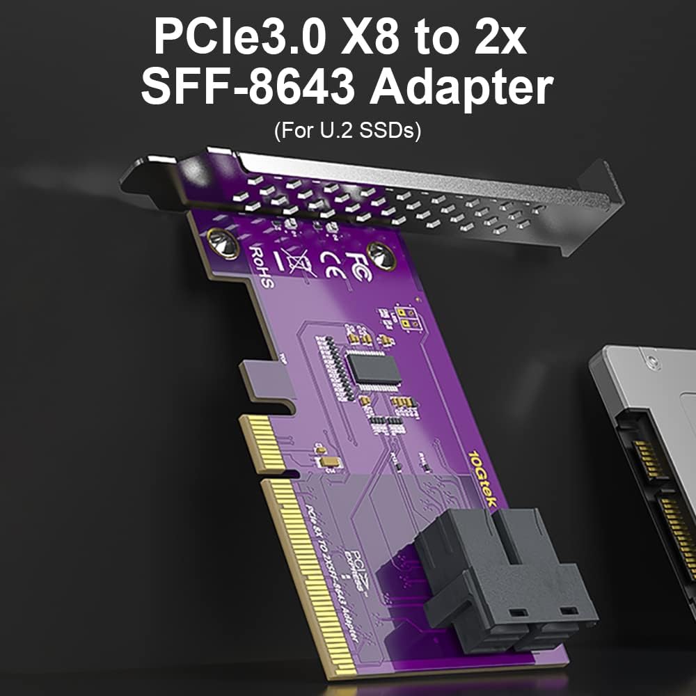 Pcie To Sff 8643 Adapter For U.2 Ssd, X8, (2) Sff 8643, Requires Motherboard Bios Support For Bifurcation, Support Windows 10/20