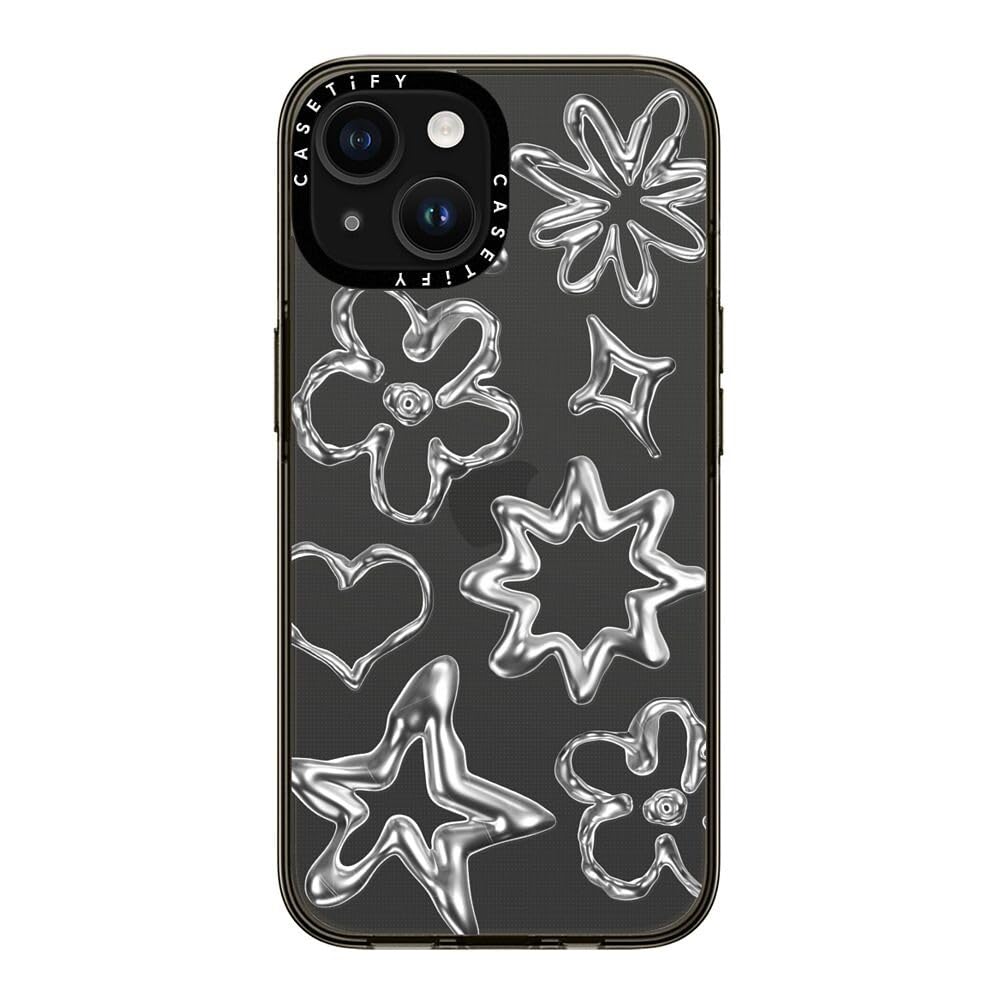 Casetify Compact Case For Iphone 15 [2X Military Grade Drop Tested / 4Ft Drop Protection]   Chrome Doodles   Clear Black
