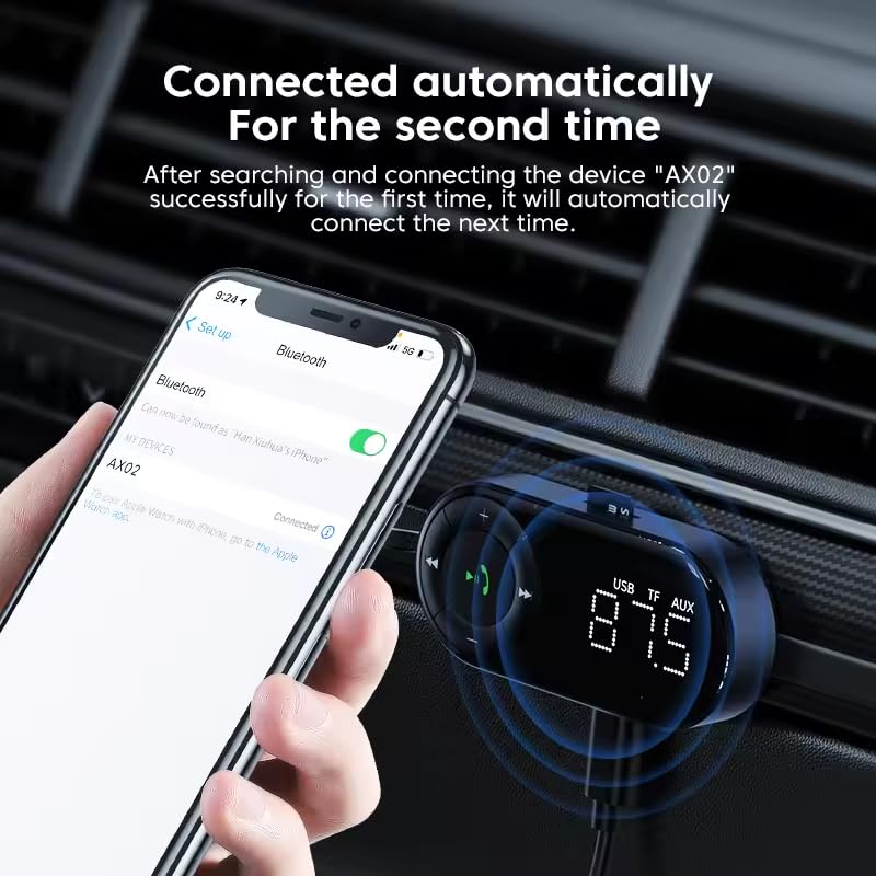 Eppfun Bluetooth 5.2 Fm Transmitter For Car,Bluetooth Car Adapter With Big Mic Bass Stereo Hi Fi Sound, Bluetooth Receiver Support Hands Free Calls, Aux Out, Tf Card