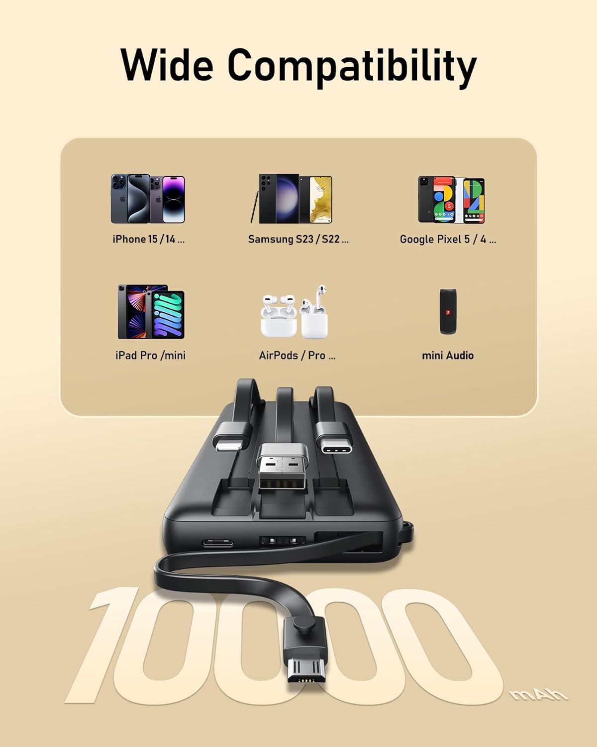 Veektomx Portable Charger With Built In Cables 10000Mah Power Bank For Iphone Slim Fast Charge Usb C Battery Pack Travel Essenti