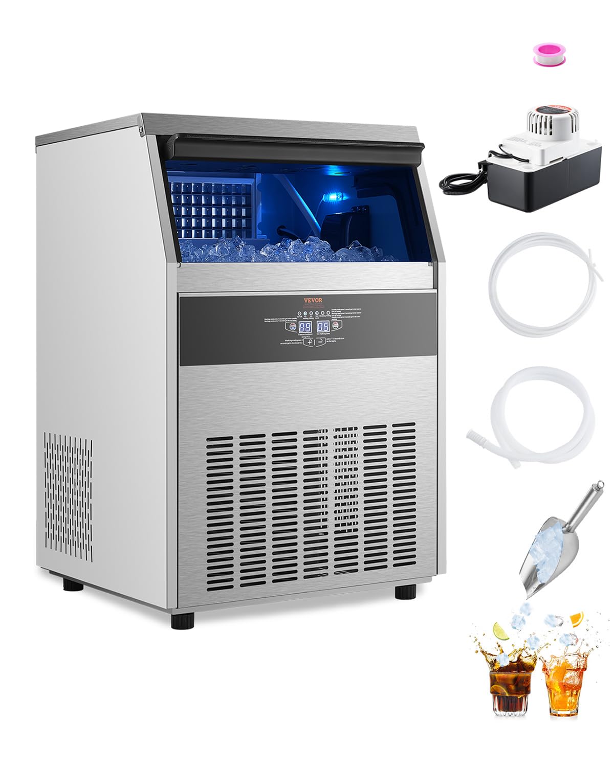 VEVOR 160lbs/24H Commercial Ice Maker Machine with Drain Pump, 66lbs Storage Capacity Ice Maker, 80 Ice Cubes in 15 Minutes, LED