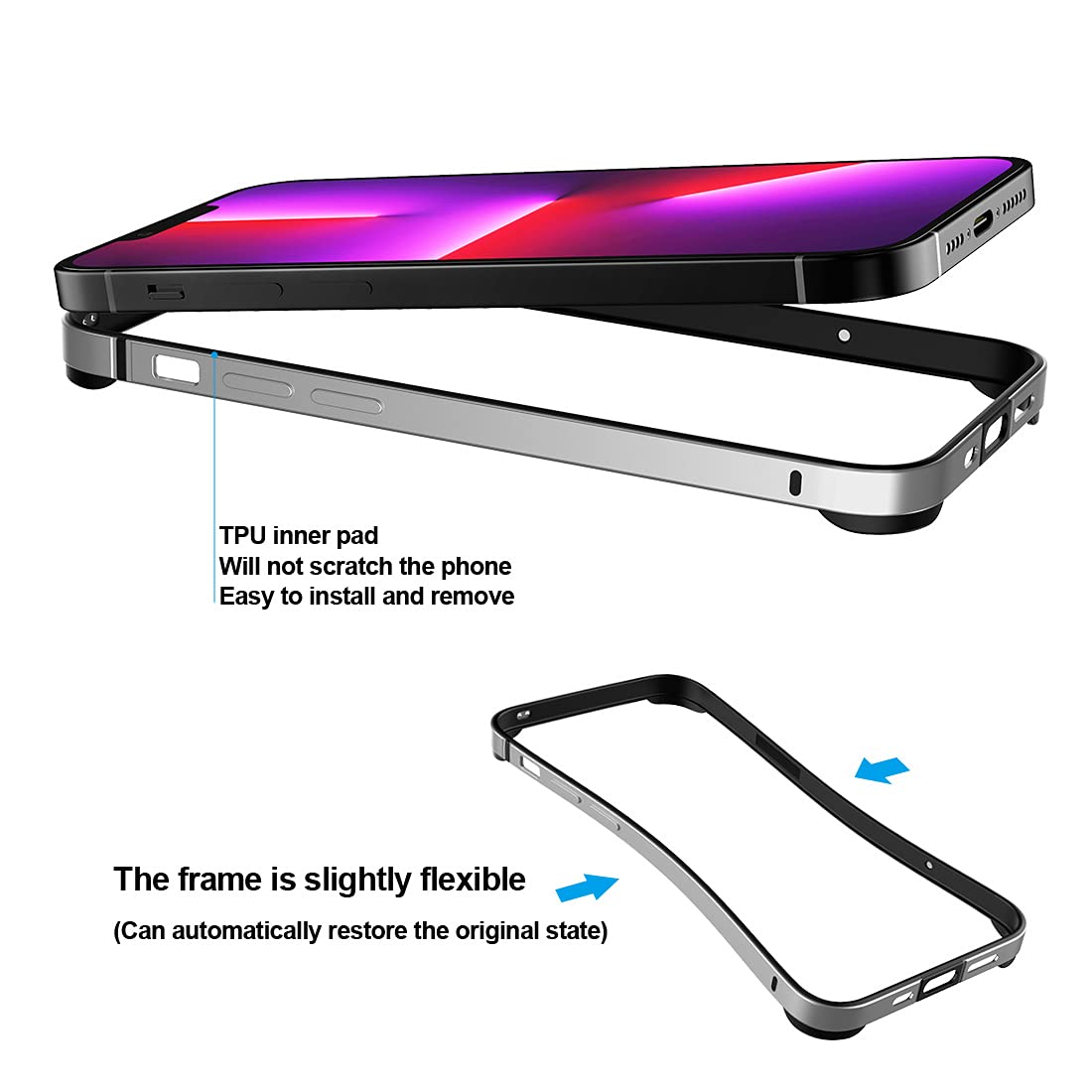 Eastcoo Slim Metal Bumper Case for iPhone 13 Pro Max 14 Plus 6.7 inch Silver Aluminum Alloy No Signal Interference