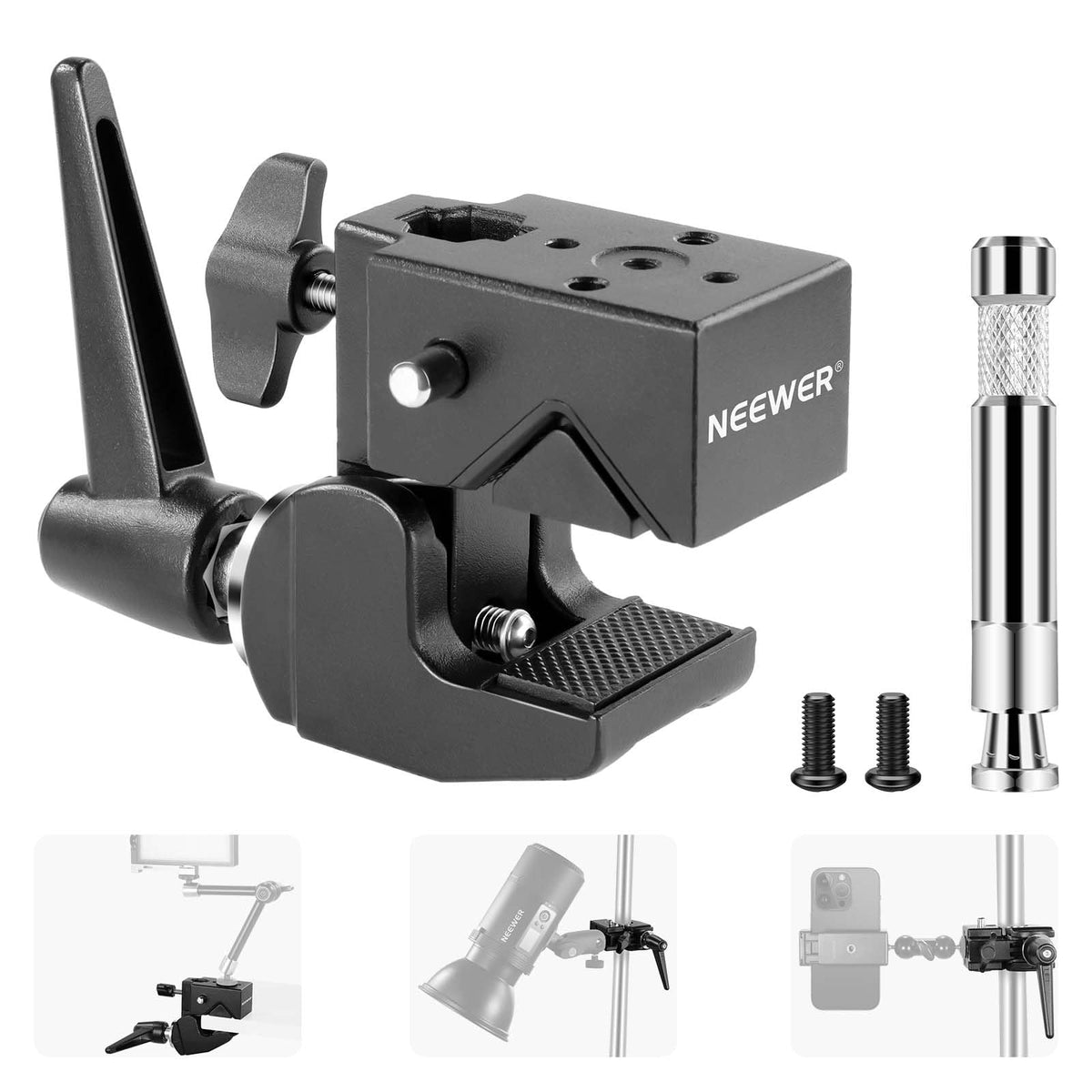 Neewer 2 Pack Super Clamp With 5/8 Stud, Spring Lock, 2.4 Jaw Grip Heavy Duty Crab Pole Clamp For Round Pipe Flat Surface, For P