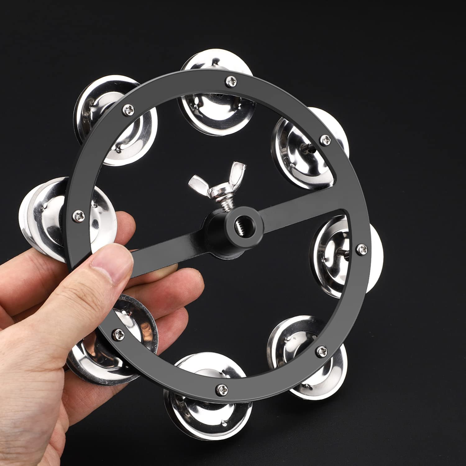 Facmogu 5.5 Inch Mountable Cymbal Hi Hat Tambourine With Single Row 8 Pair Stainless Steel Jingles 37Cm/1.5In, Drum Set Tambourine With Wing Nut Mount & Durable Alloy Construction For Hihats   Black