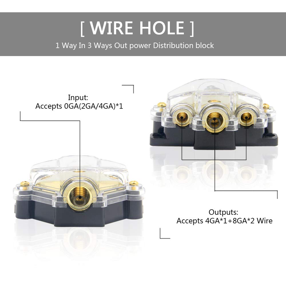 Rkurck 3 Way Power Distribution Block, 0/2/4 Awg Gauge In, 4/8 Gauge Out, Car Audio Stereo Amp Distribution Connecting Block For