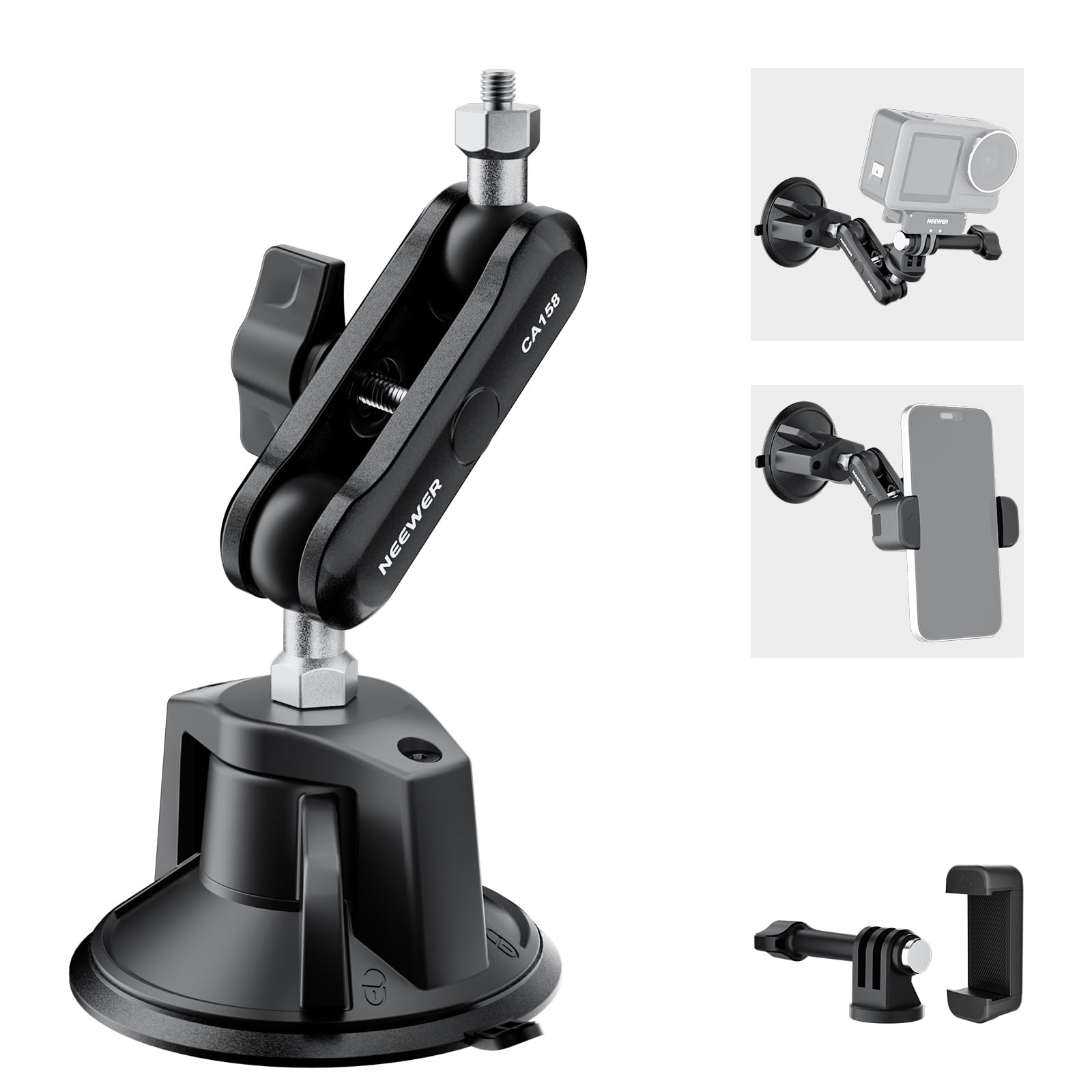 NEEWER Suction Cup Phone Holder & Camera Mount Compatible With GoPro DJI Insta360 iPhone, Car Phone Mount with Action Camera Ada