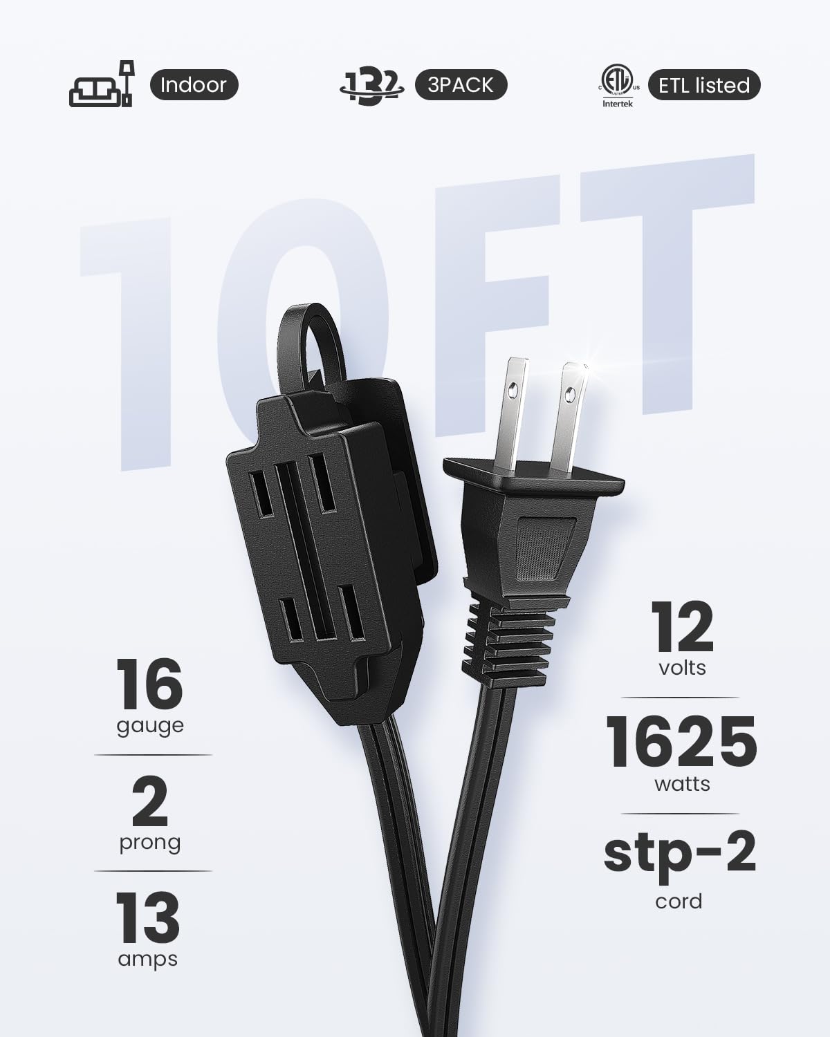 Plugtul Indoor Extension Cord 10 Ft, 2 Prong Black Extension Cord, 3 Polarized Outlets With Safety Cap Protect For Home Office,