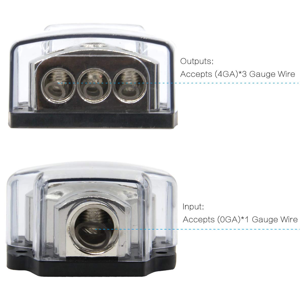 Rkurck 3 Way Power Distribution Block, 0/2/4 Awg Gauge In, 4/8/10 Gauge Out, Car Audio Stereo Amp Distribution Connecting Block