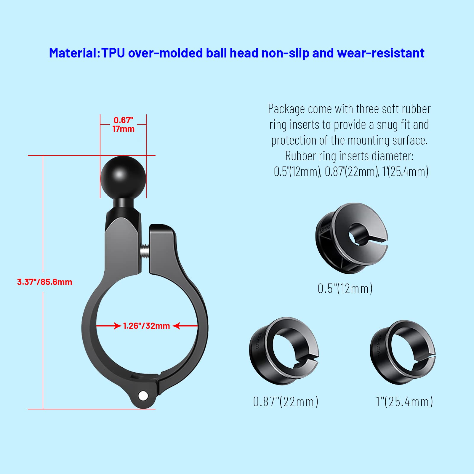 Ball Mount Adapter Aluminum Alloy Handlebar Mini Mount Base With 0.67''(17Mm) Tpu Ball Compatible With Ram Mounts & 0.67'' Ball