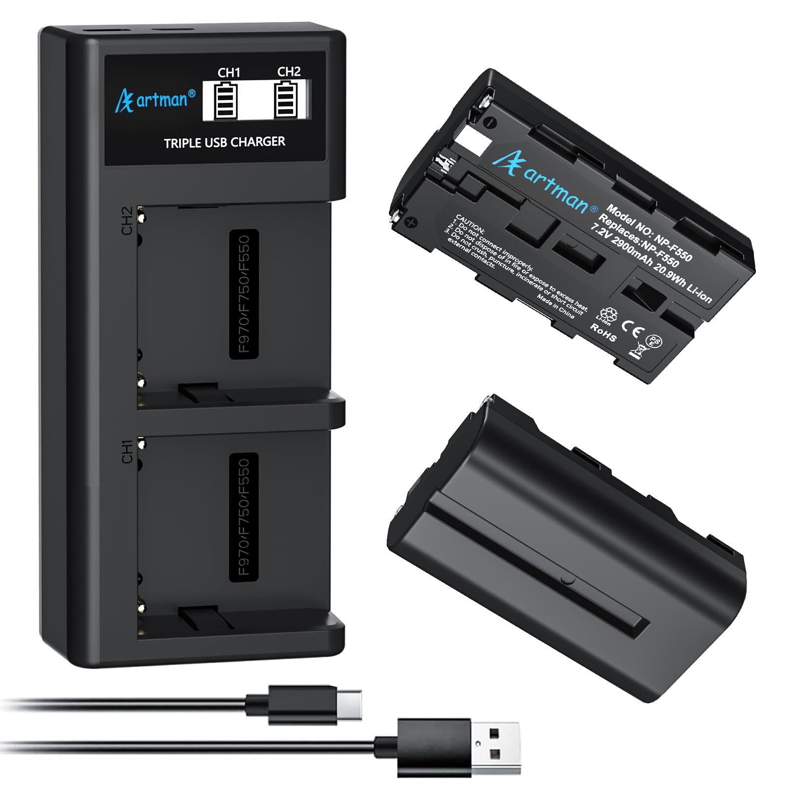 Artman Np F550 Battery Upgraded Lcd Dual Charger Compatible With Sony Npf530 F570 F330 F970 F960 F750 F770 Ccd Sc55 Tr516 Tr716