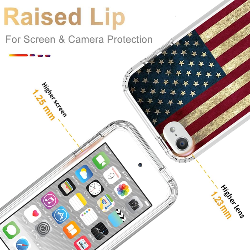 Yodueiv For Ipod Touch 6/Touch 5/Touch 7 Case With Tempered Glass Screen Protector, Full Body Shockproof Cute Clear Flag Pattern