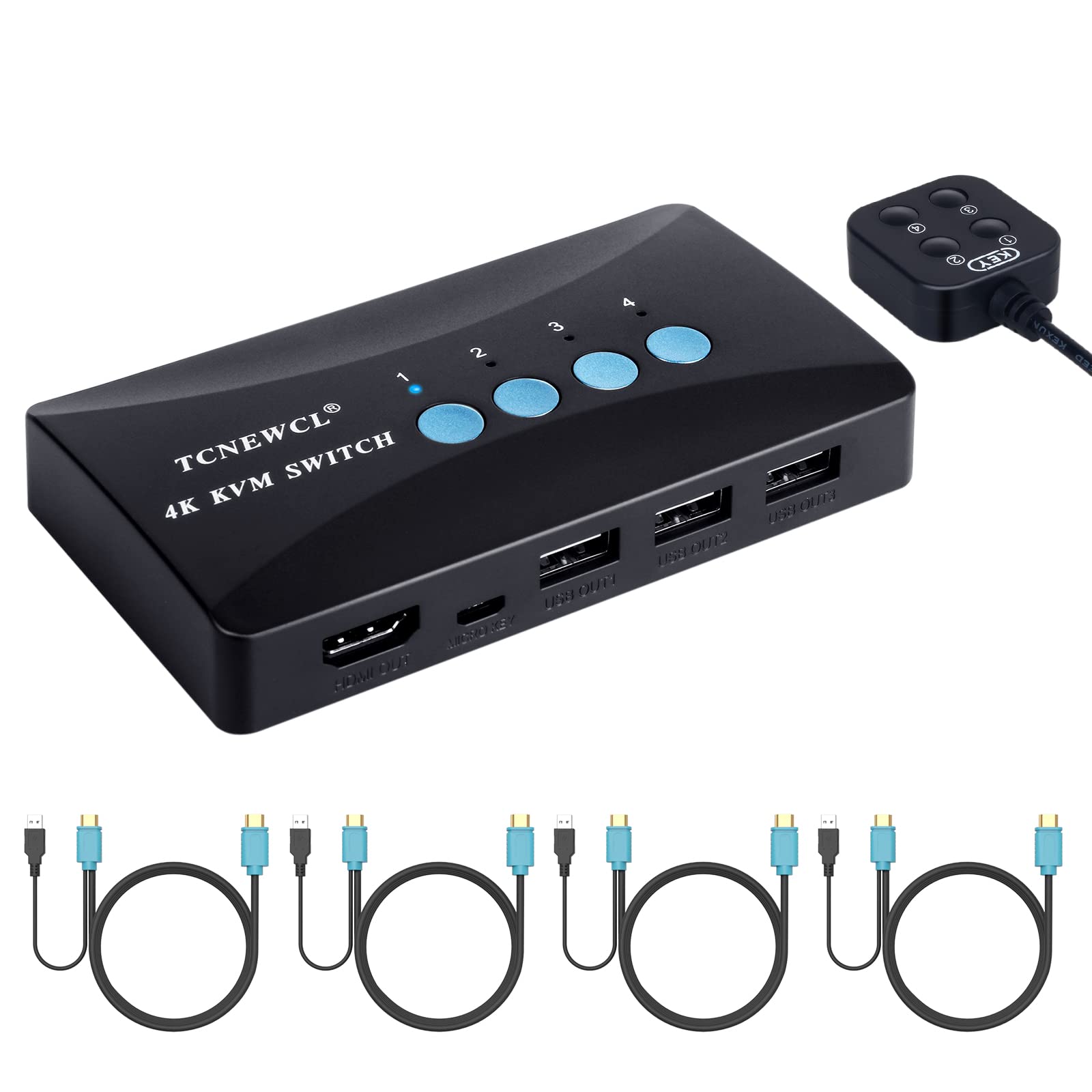 Tcnewcl Kvm Switch 4 Port, Hdmi Kvm Switcher 4Kx2K@30Hz For 4 Computers Sharing 1 Hd Monitor And 3 Usb Devices Keyboard Mouse Pr