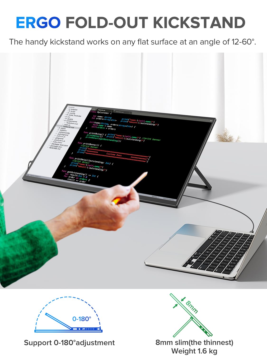 Uperfect 22'' 2K Portable Monitor W/Vesa & 180Adjustable Stand, 2560 * 1440 Qhd Freesync Ips Hdr Large Gaming Display, Usb C Hdm