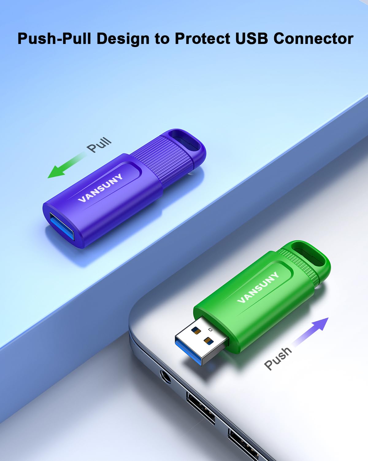 Vansuny 128Gb Flash Drive,3 Pack Usb 3.0 Thume Drive Slide Retractable Memory Stick With Lanyard Hole For Pc/Laptop/Computer Storage & Backup Files Picture Video (Black,Green,Blue)�