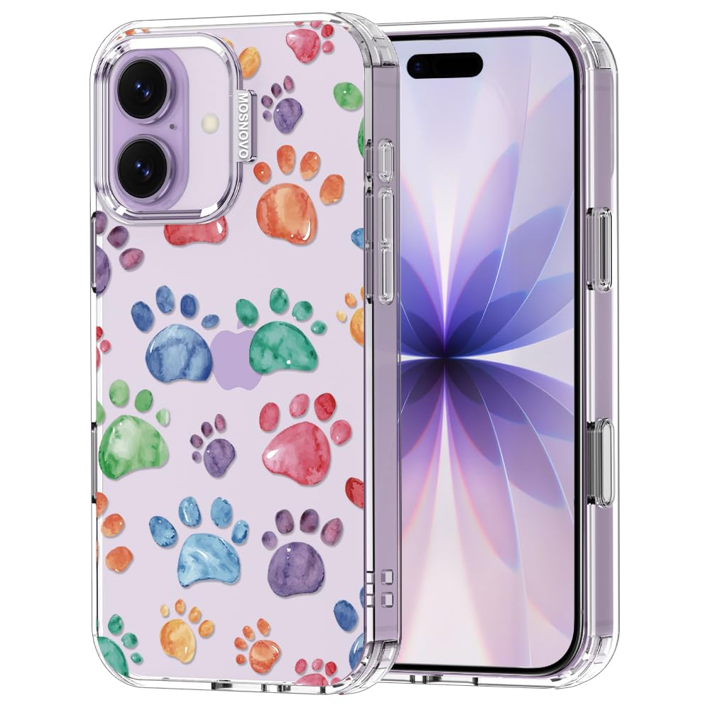 MOSNOVO for iPhone 17 Case | Military Grade 6.6ft Drop Tested | Camera Control | Clear with Colorful Paw Design