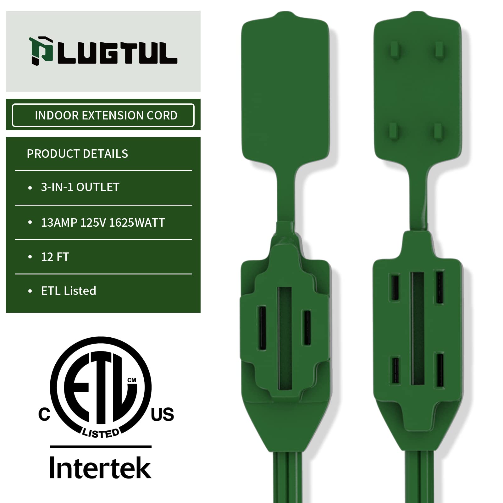 Plugtul Indoor Green Extension Cord 12 Feet, 3 Outlet Household Extension Cord, 2 Prong, 16 Gauge, 3 Polarized Outlets With Safe