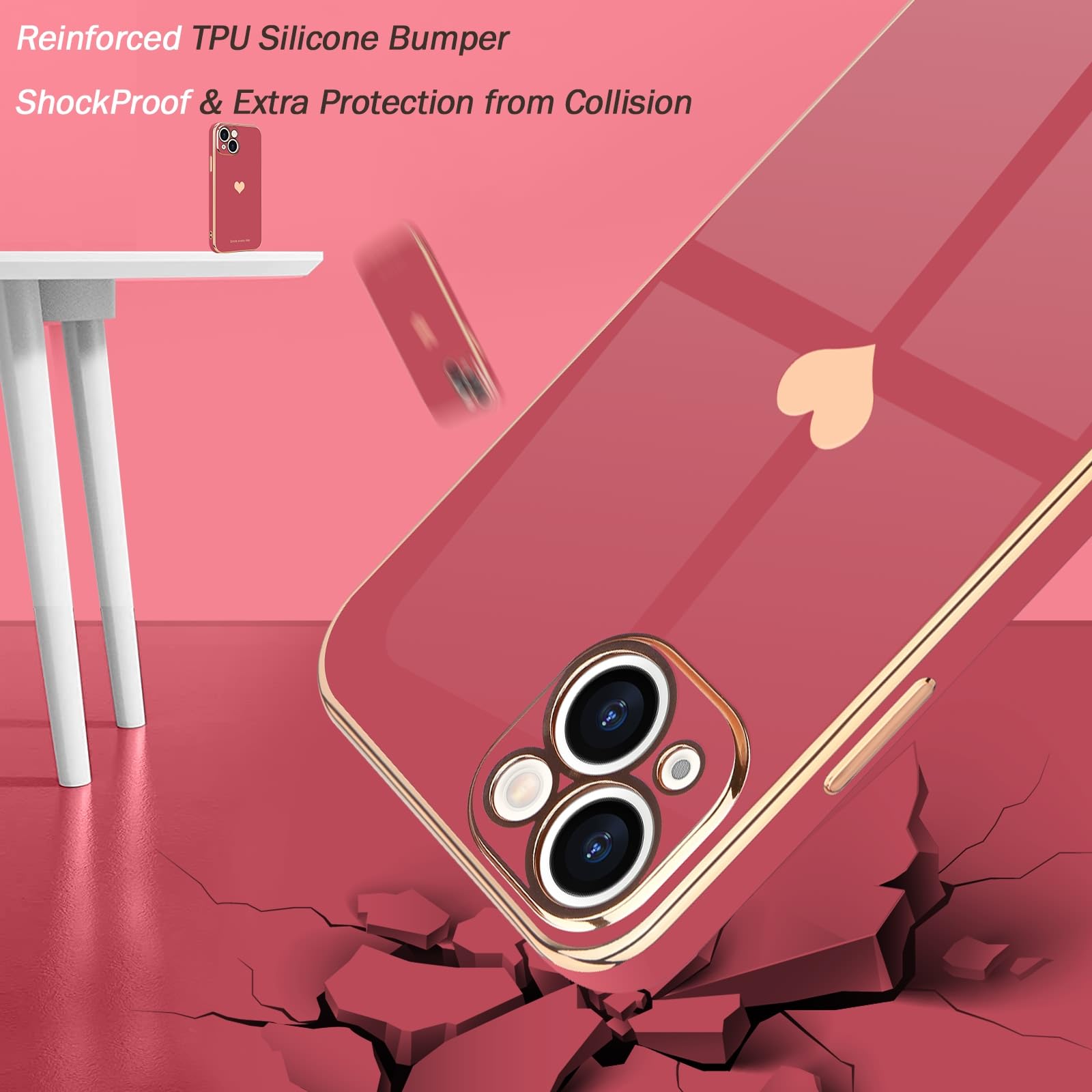 Teageo Compatible With Iphone 13 Case For Girl Women Cute Love Heart Luxury Bling Plating Soft Back Cover Raised Camera Protecti