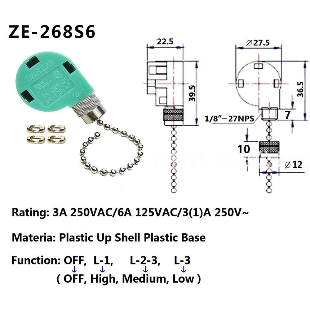 Akahttbn Ceiling Fan Switch 3 Speed 4 Wire Zing Ear Ze 268S6, Fan Pull Chain Switch Replacement Speed Control,Compatible With Hu